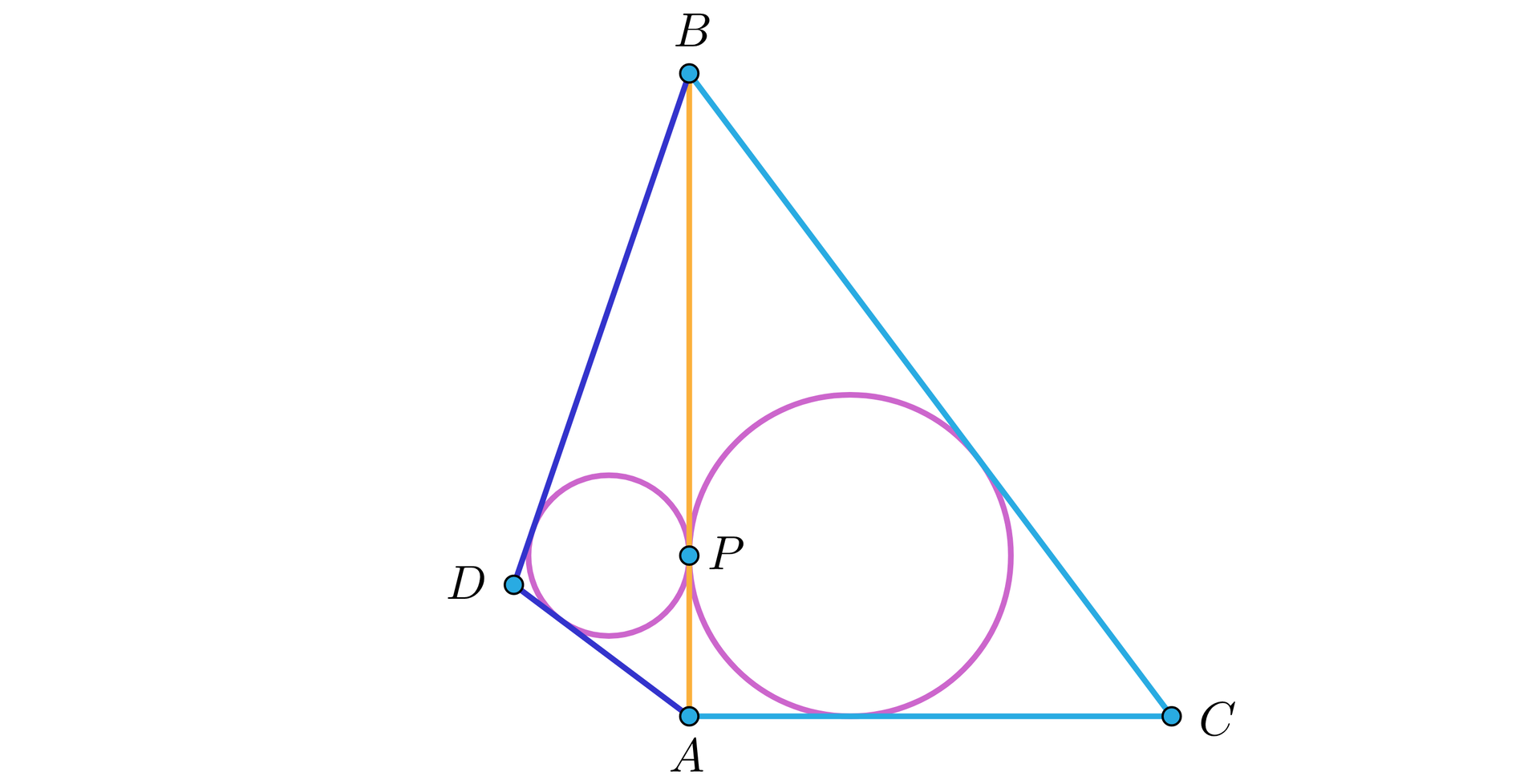 Grafika przedstawia trójkąty ABD i CBA które mają wspólne ramię AB . W oba trójkąty wpisano okręgi które stykają się z ramieniem AB w punkcie P.