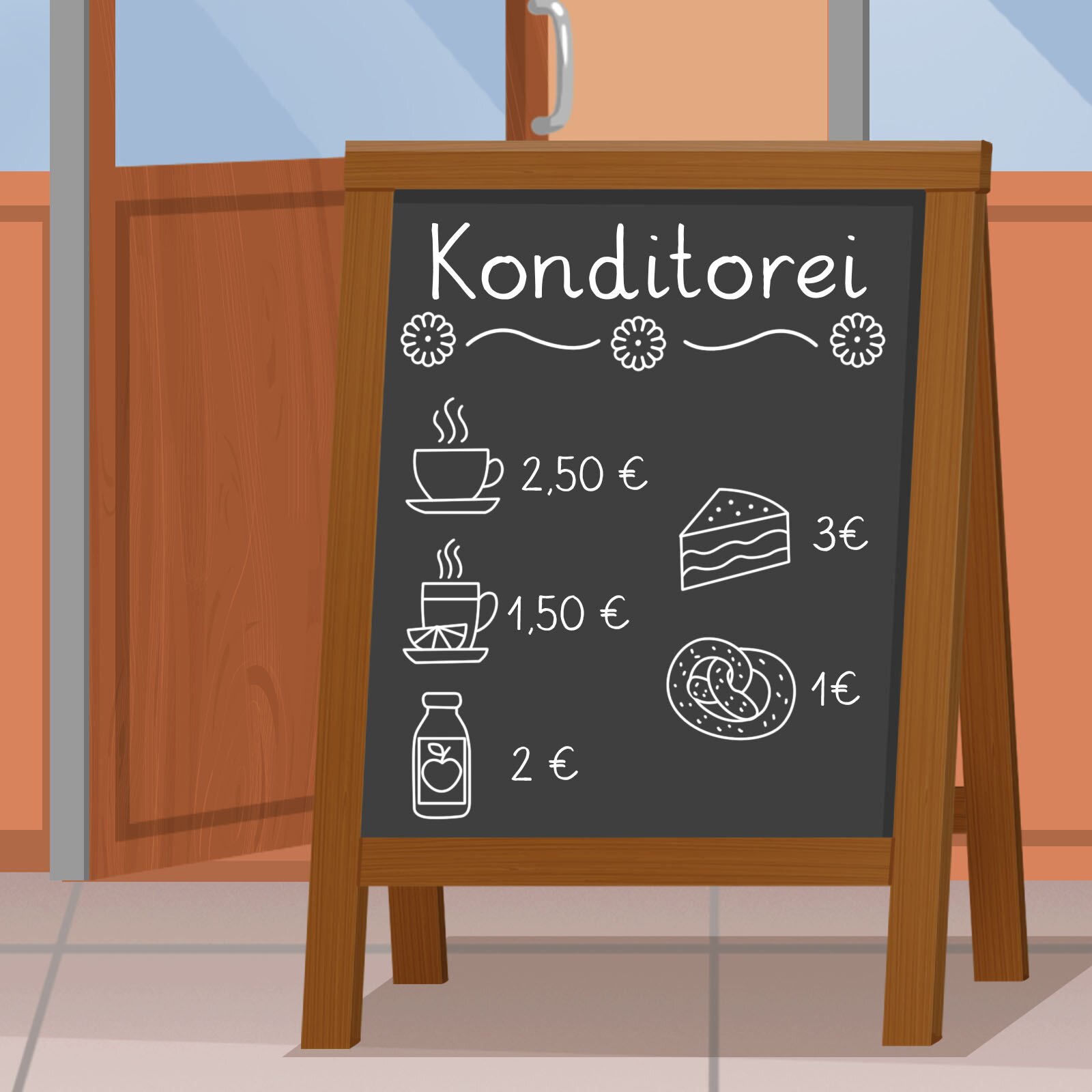 Przed wejściem do cukierni stoi reklama z dokładnymi informacjami cenowymi: Kawa - 2,5 euro, Herbata - 1,5 euro, Kawałek Tortu - 3 euro, Precel - 1 euro, Sok Jabłkowy - 2 euro.