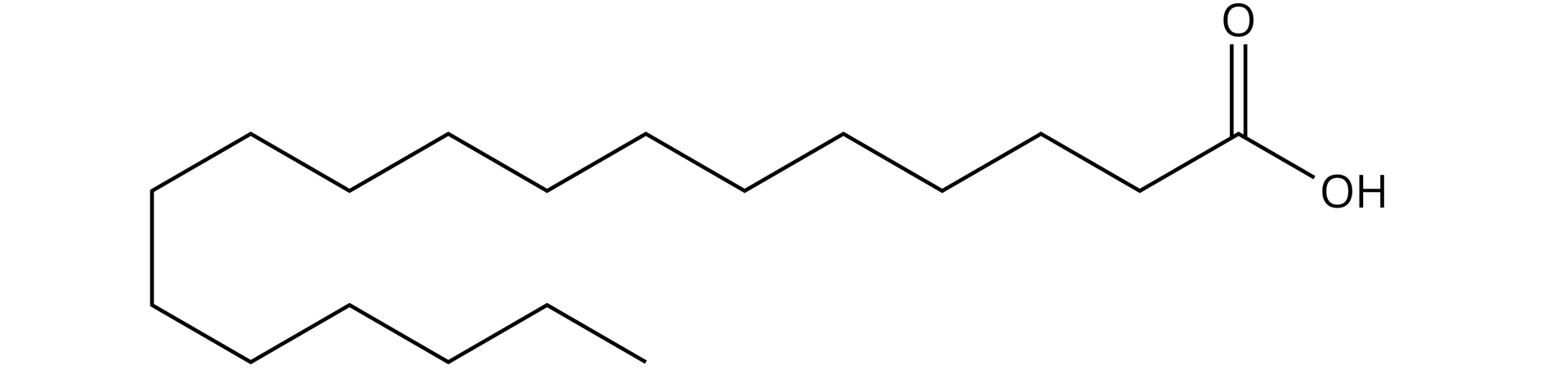 Na ilustracji jest wzór strukturalny kwasu stearynowego. To długi zygzakowaty łańcuch, którego pierwsza dłuższa część łączy się po lewej stronie z krótszym łańcuchem na dole. Górna część długiego łańcucha jest zakończona grupą OH oraz atomem tlenu łączącym się wiązaniem podwójnym z ostatnim atomem węgla.   