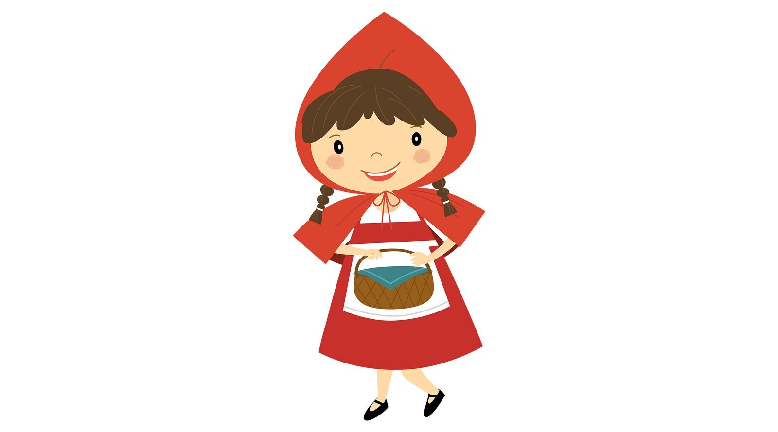 Ilustracja przedstawia dziewczynkę w czerwonej pelerynce z kapturem. W ręku trzyma koszyczek.