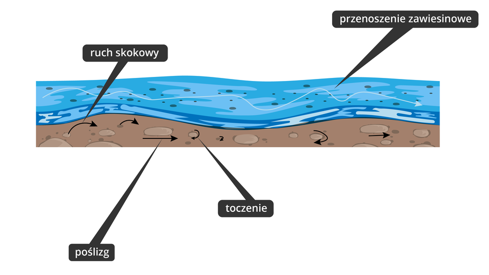Schemat obrazuje sposoby transportu materiału w rzekach. Widoczny jest przekrój koryta rzecznego od boku. Znajduje się na nim tafla wody wraz z dnem. Pod wodą jest narysowana nieregularna, długa, biała strzałka symbolizująca przenoszenie zawiesinowe, czyli transportowanie wraz z wodą drobnych cząsteczek materiału okruchowego. Na dnie znajduje się półkolista, czarna strzałka skierowana  z lewej strony w prawą obrazująca ruch skokowy. Obok niej znajduje się pozioma prosta strzałka - oznacza ona transportowanie materiału w wodzie za pomocą poślizgu. Z kolei półkoliste strzałki, które zawracają oznaczają toczenie. Materiał wówczas się cofa. 