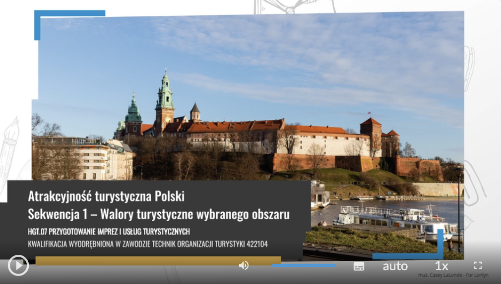 Zdjęcie przedstawiające zrzut ekranu sekwencji filmowej - na ekranie widoczny jest zamek, położony nad rzeką oraz tytuł: Atrakcyjność turystyczna Polski. Sekwencja 1 - Walory turystyczne wybranego obszaru. Pod spodem: HGT.07 Przygotowanie imprez i usług turystycznych. Kwalifikacja wyodrębniona w zawodzie technik organizacji turystyki 422104.