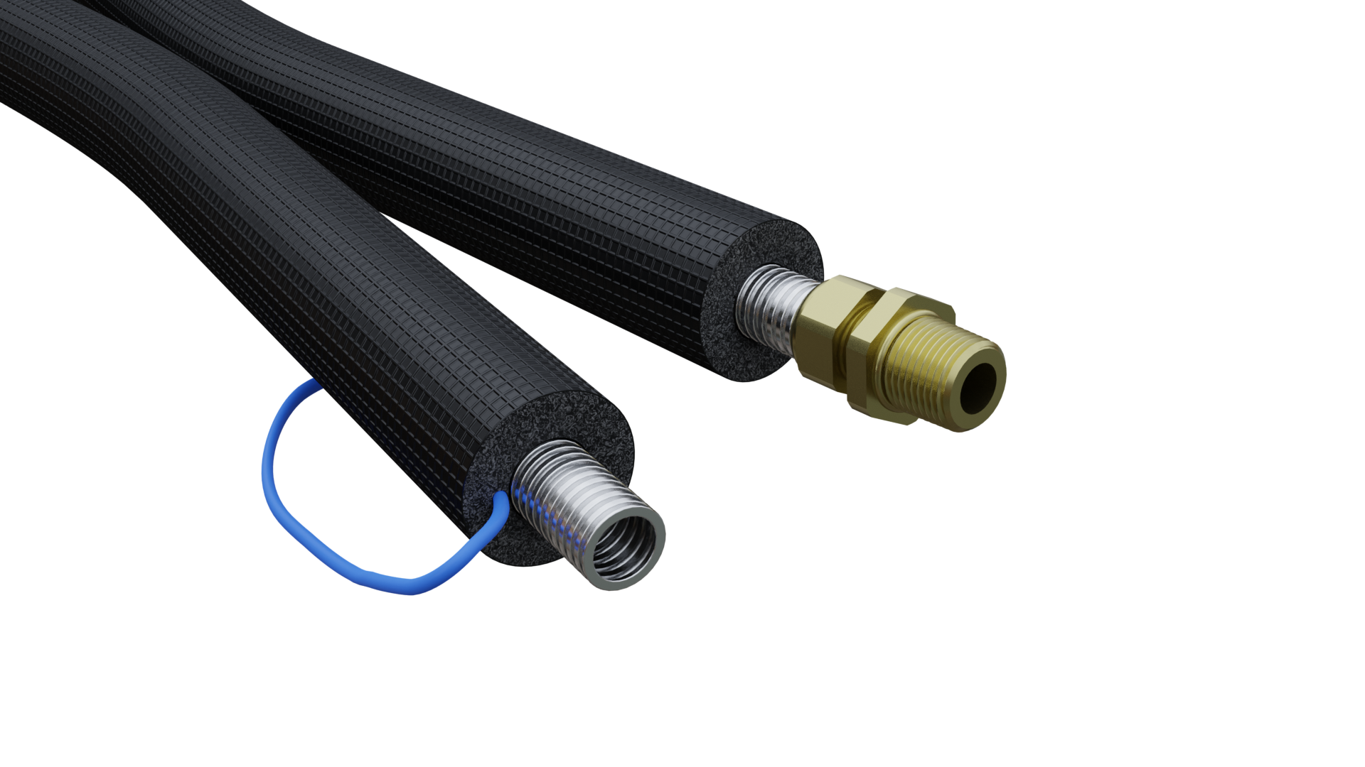 Zdjęcie przedstawia stalowe rury nierdzewne, karbowane w izolacji. Na jednej z rur zamontowana jest gwintowana nakrętka. 