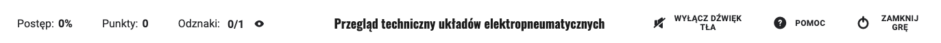 Widok opcji gry oraz jej tytułu. Od lewej znajdują się opcje: postęp, punkty, odznaki, pomoc oraz zakończ grę.
