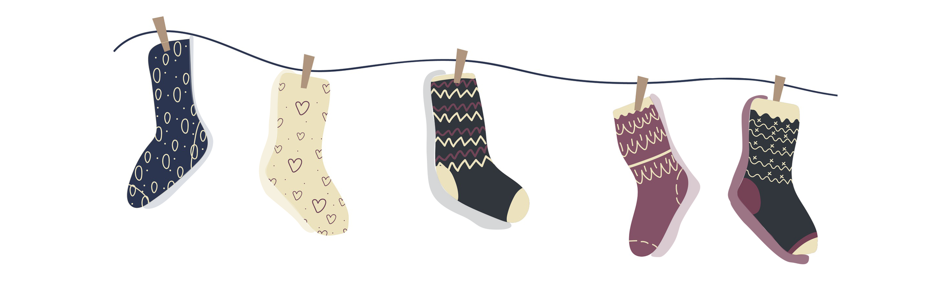 Ilustracja przedstawia pięć zawieszonych skarpetek na sznurze. Każda skarpetka ma inny wzór: pierwsza z nich jest w groszki, druga w serduszka, trzecia w zygzaki, czwarta i piąta w falowane linie.