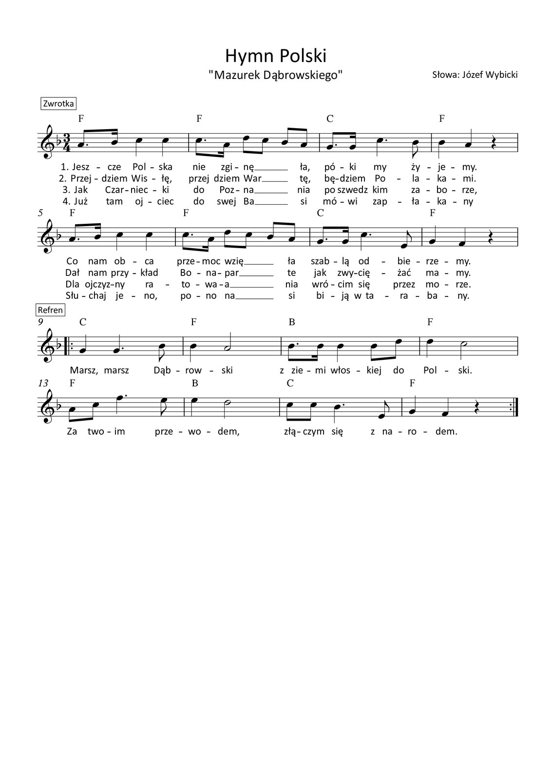 Grafika przedstawia partyturę hymnu Polski – „Mazurka Dąbrowskiego” ze słowami autorstwa Józefa Wybickiego. Utwór jest napisany w metrum trzy czwarte, w tonacji F‑dur. Partytura ma jedną stronę, na której zapisano szesnaście taktów. Melodię zapisano w kluczu wiolinowym, a pod nutami zanotowano tekst, łącznie cztery zwrotki. Wszystkie dźwięki należą do oktaw razkreślnej lub dwukreślnej. Pierwsze dwie linijki, czyli takty od pierwszego do ósmego to zwrotka utworu. W pierwszym takcie w pierwszej linijce na pierwszą miarę śpiewana jest ósemka z kropką a, po której zapisano szesnastkę b. Na miary drugą oraz trzecią śpiewane są dwie ćwierćnuty c. Nad taktem zapisano akord F‑dur. W takcie drugim na pierwszą miarę śpiewana jest ósemka z kropką c, a następnie szesnastka a. Na drugą miarę zapisano ósemki d oraz c, a na miarę trzecią ósemki b oraz a. Nad taktem zapisano akord F‑dur. W trzecim takcie na pierwszą miarę śpiewana jest ósemka z kropką g oraz szesnastka g; na drugą miarę wykonywana jest ćwierćnuta z kropką c, a pod koniec taktu śpiewana jest jeszcze ósemka b. Nad taktem zapisano akord C‑dur. W czwartym takcie na pierwszą miarę śpiewana jest ćwierćnuta b, na miarę drugą ćwierćnuta a, natomiast na trzecią miarę zapisano pauzę ćwierćnutową. Nad taktem zapisano akord F‑dur. W takcie piątym na pierwszą miarę śpiewana jest ósemka z kropką a, po której zapisano szesnastkę b. Na miary drugą oraz trzecią śpiewane są dwie ćwierćnuty c. Nad taktem zapisano akord F‑dur. W takcie szóstym na pierwszą miarę śpiewana jest ósemka z kropką c, a następnie szesnastka a. Na drugą miarę zapisano ósemki d oraz c, a na miarę trzecią ósemki b oraz a. Nad taktem zapisano akord F‑dur. W siódmym takcie na pierwszą miarę śpiewana jest ósemka z kropką g oraz szesnastka g; na drugą miarę wykonywana jest ćwierćnuta z kropką c, a pod koniec taktu śpiewana jest jeszcze ósemka e. Nad taktem zapisano akord C‑dur. W czwartym takcie na pierwszą miarę śpiewana jest ćwierćnuta g, na miarę drugą ćwierćnuta f, natomiast na trzecią miarę zapisano pauzę ćwierćnutową. Nad taktem zapisano akord F‑dur. W linijkach trzeciej oraz czwartej, czyli taktach od dziewiątego do szesnastego zapisano refren utworu. W takcie dziewiątym na pierwszą miarę śpiewana jest ćwierćnuta g, na miarę drugą ćwierćnuta z kropką g, a następnie ósemka b. Nad taktem zapisano akord C‑dur, a przed taktem zaznaczono początek repetycji. W dziesiątym takcie na pierwszą miarę śpiewana jest ćwierćnuta b, a na drugą i trzecią miarę półnuta a. Nad taktem zapisano akord F‑dur. W takcie jedenastym na pierwszą miarę śpiewana jest ósemka z kropką b, następnie szesnastka b; na drugą miarę wykonywana jest ćwierćnuta b, a na miarę trzecią ósemki: b oraz d. Nad taktem zapisano akord B‑dur. W takcie dwunastym na pierwszą miarę śpiewana jest ćwierćnuta d, a na miary drugą oraz trzecią półnuta c. Nad taktem zapisano akord F‑dur. W trzynastym takcie na pierwszą miarę śpiewane są ósemki: a oraz c, na miarę drugą ćwierćnuta z kropką f, a dalej ósemka c. Nad taktem zapisano akord F‑dur. W czternastym takcie na pierwszą miarę wykonywana jest ćwierćnuta e, natomiast na miary drugą oraz trzecią półnuta d. Nad taktem zapisano akord B‑dur. W takcie piętnastym na pierwszą miarę śpiewane są dwie ósemki c, na miarę drugą ćwierćnuta z kropką b, a następnie ósemka e. Nad taktem zapisano akord C‑dur. W ostatnim, szesnastym takcie utworu na pierwszą miarę śpiewana jest ćwierćnuta g, a na miarę drugą ćwierćnuta f. Na miarę trzecią zapisano pauzę ćwierćnutową. Nad taktem zapisano akord F‑dur, a pod koniec taktu zaznaczono koniec repetycji.
