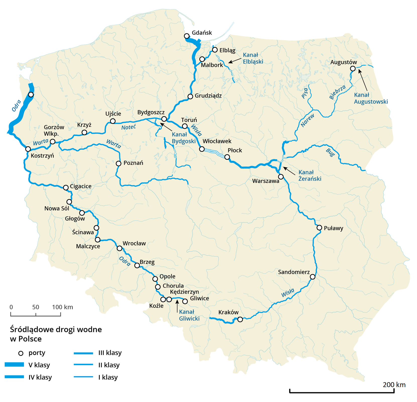 Mapa Polski przedstawia śródlądowe drogi wodne. Drogi piątej klasy występują w Gdańsku oraz na Odrze przy zachodniej granicy kraju. Drogi czwartej klasy wiodą od wybrzeża w Gdańsku do Malborka. Drogi trzeciej klasy występują od Krakowa na zachód, od Warszawy do Płocka, od Malborka do Bydgoszczy i Włocławka. Drogi drugiej klasy występują od Kostrzynia do Opola i dalej do Kędzierzyna Koźle. Drogi pierwszej klasy występują na Kanale Gliwickim, Od Gorzowa Wielkopolskiego do Bydgoszczy oraz do Poznania, na Kanale Elbląskim, od Augustowa do Warszawy, od Warszawy do Krakowa. Porty znajdują się między innymi w Krakowie, Sandomierzu, Puławach, Warszawie, Augustowie, Płocku, Włocławku, Toruniu, Grudziądzu, Malborku, Gdańsku, Elblągu, Bydgoszczy, Gorzowie Wielkopolskim, Poznaniu, Głogowie, Wrocławiu, Opolu, Gliwicach.