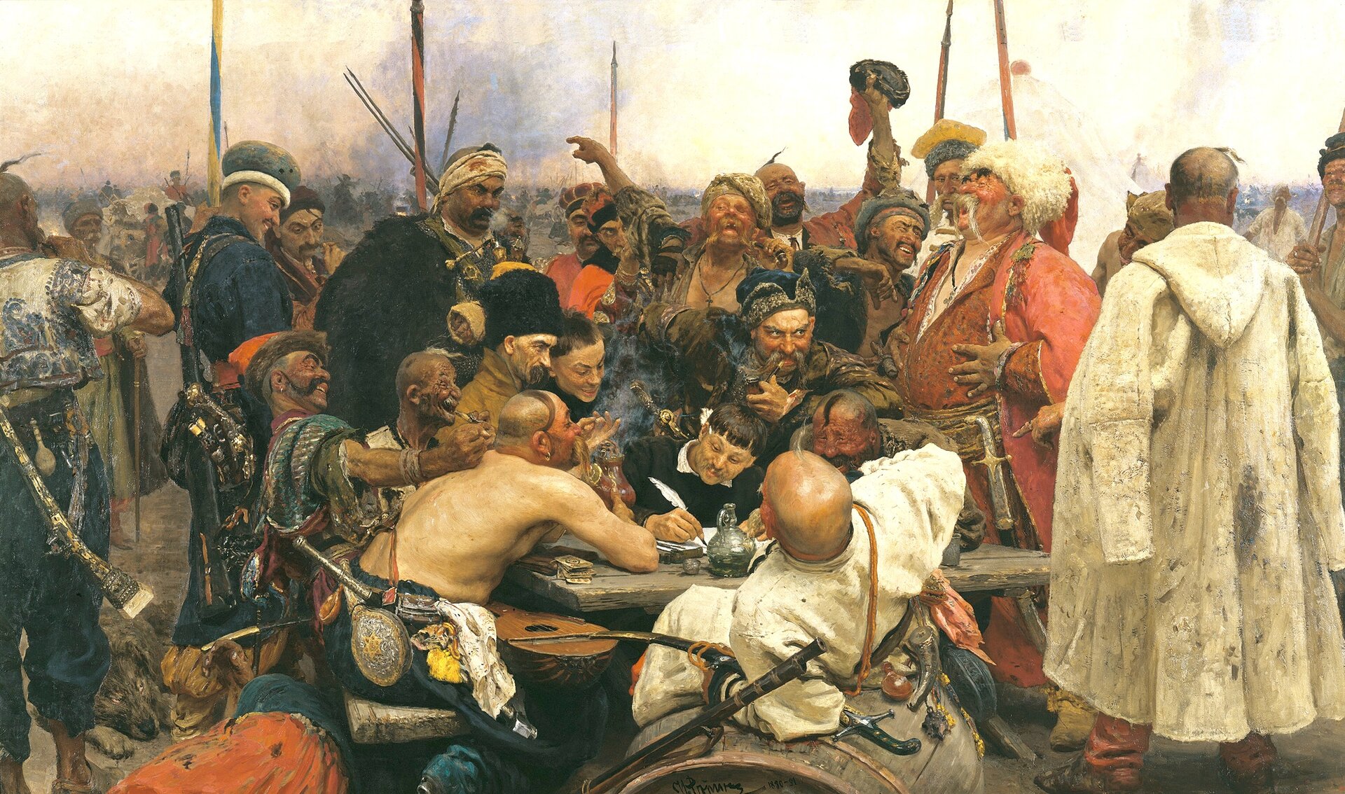 Ilustracja przedstawia obraz „Zaporożcy piszą do sułtana tureckiego”. Dzieło ukazuje kozaków, którzy piszą list do sułtana. 
