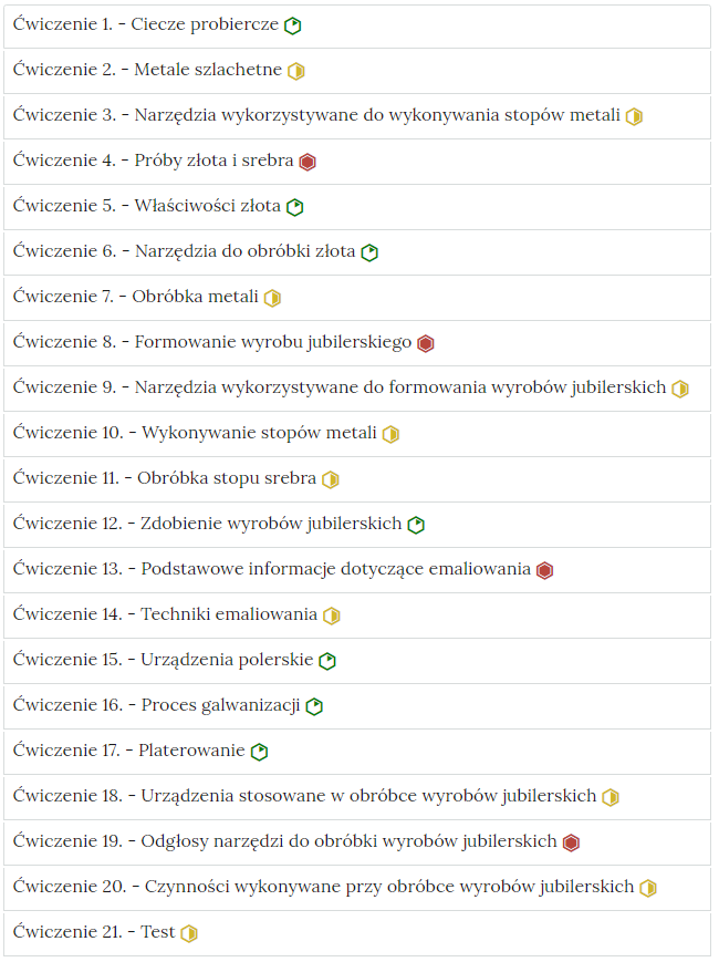 Zdjęcie przedstawia przykładowy wygląd zakładek zawierających interaktywne materiały sprawdzające. Składają się one z prostokątnych paneli umieszczonych jeden pod drugim. Każdy panel posiada numer oraz tytuł, który nawiązuje do zawartego w nim zadania.