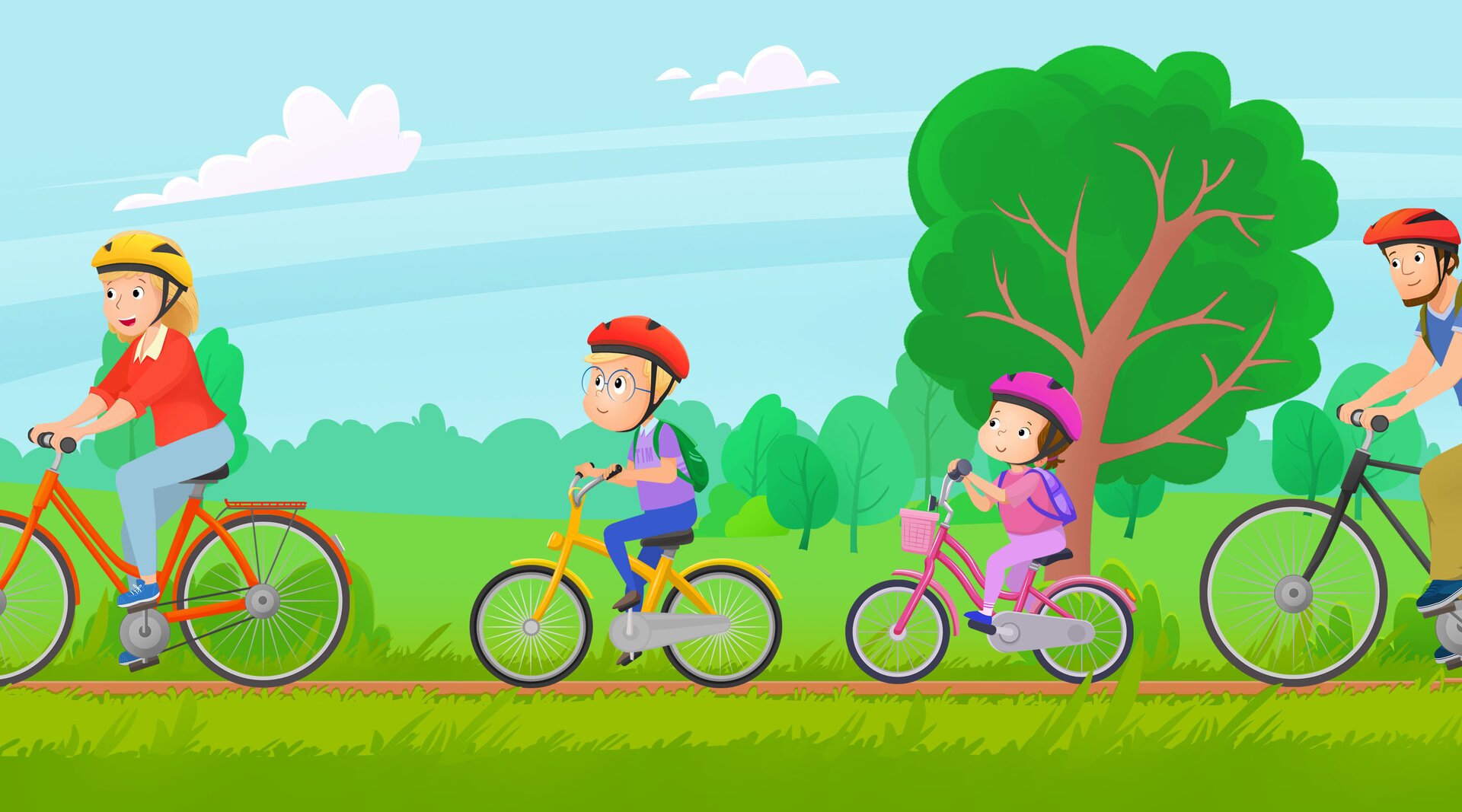 Na ilustracji znajduje się rodzina na wycieczce rowerowej.