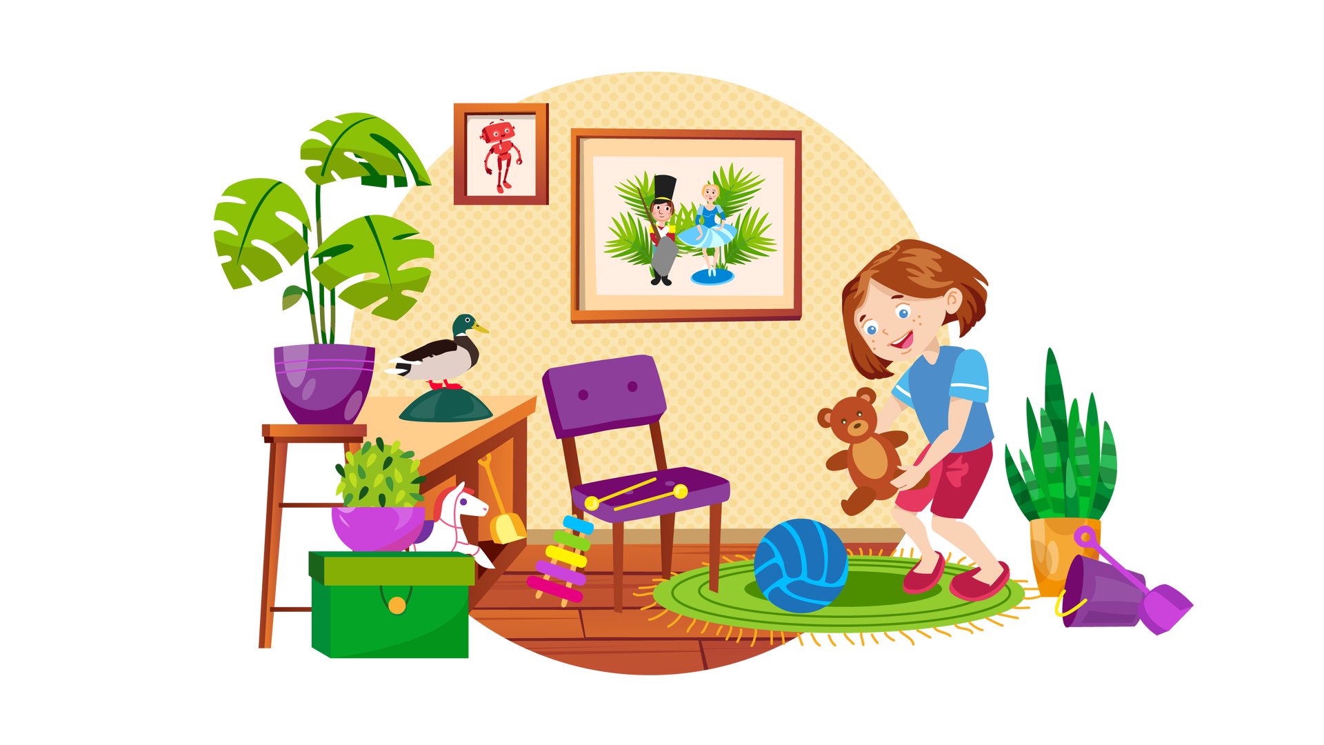 Ilustracja przedstawia pomieszczenie, w którym na beżowej ścianie w kropki wiszą dwa obrazki w brązowych ramkach. Pierwszy z nich przedstawia uśmiechniętego Zgrzytka, a drugi dwie figurki na tle zielonych liści. Pierwsza figurka to ołowiany żołnierzyk. Ma brązowe włosy, jest ubrany w bordowo‑złoty strój i wysokie czarne buty. Na głowie ma wysoką czarną czapkę, a w rękach trzyma długi miecz i szarą tarczę. Druga figurka to baletnica. Ma blond włosy, jest ubrana w niebieską sukienkę i błękitne baletki. Po prawej stronie ilustracji, na drewnianej podłodze, leży ciemnofioletowe wiaderko i fioletowa łopatka. Za nimi stoi duża zielona roślina w pomarańczowej donicy. Po lewej stronie stoi wysoki brązowy stolik, na którym znajduje się roślina o dużych zielonych liściach w fioletowej donicy. Obok jest duże zielone pudełko z pokrywką, na którym ustawiono zieloną roślinę w półokrągłej fioletowej donicy. Nieco dalej stoi bokiem brązowa szafka z jasnobrązowym blatem i dwiema przegródkami. Na blacie jest figurka kaczki krzyżówki, czyli ptaka o zielonym upierzeniu na głowie, beżowym na brzuchu, ciemnobrązowym na szyi i czarno‑białym na skrzydłach. W jednej przegródce szafki stoi żółta łopatka, a w drugiej figurka białego konika z różową grzywą i fioletowym siodłem. Dalej na prawo znajduje się fioletowe krzesło z brązowymi nogami. Są o nie oparte kolorowe cymbałki. Dwie żółte pałki, służące do gry na cymbałkach, leżą na siedzisku krzesła. Obok krzesła leży okrągły zielony dywan z pomarańczowymi frędzlami. Leży na nim niebieska piłka, obok której stoi szeroko uśmiechnięta Maja. W rękach trzyma brązowego misia, na którego spogląda.