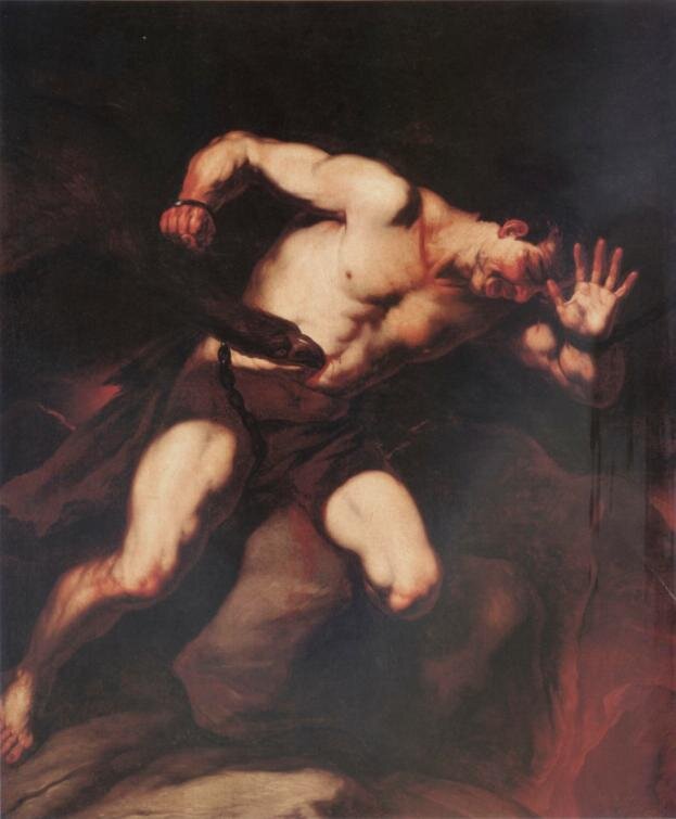 Obraz przedstawia mężczyznę siedzącego na skale. Mężczyzna jest nagi, a jego krocze przysłonione jest ciemnym materiałem. Na jego nadgarstkach widoczne są kajdany. Mężczyzna wygina swoje ciało w prawą stronę. Jedną rękę odgiął do tyłu, drugą dłoń rozłożył w kierunku widza. Na jego twarzy widoczne jest cierpienie. Przy jego brzuchu widoczna jest głowa ptaka, która sięga dziobem w kierunku brzucha mężczyzny. Na obrazie przeważa brązowa i ciemna kolorystyka.