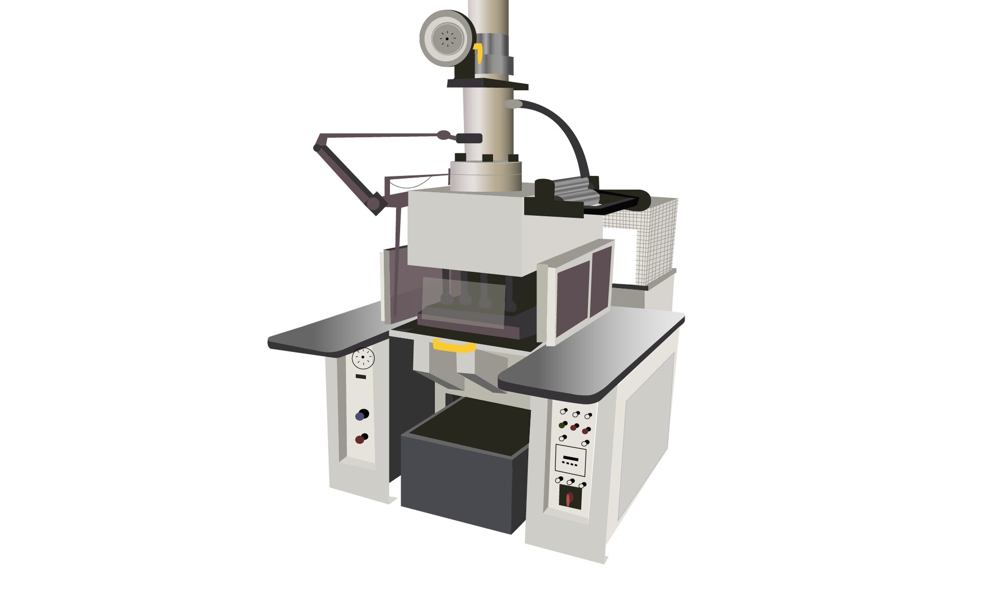 Fotografia przedstawia złociarkę. Podstawa urządzenia to dwie skrzynki z otworami wentylacyjnymi po bokach. Lewa skrzynia na górze posiada zainstalowany manometr, poniżej włącznik oraz wyłącznik urządzenia. Prawa skrzynia posiada przyciski kontrolno regulacyjne oraz diody diody w kolorach: białym, zielonym oraz czerwonym. Po środku podstawy otwór w którym zainstalowano ciemną skrzynkę z otworem od góry. Na bocznych podstawach plastikowe blaty w kolorze czarnym. Powyżej podstawy od frontu przezroczysta osłona blatu roboczego. Nad nim zamontowana pionowo rura z dołączonym do niej przewód ciśnieniowy. Na rurze zamontowany duży manometr. 