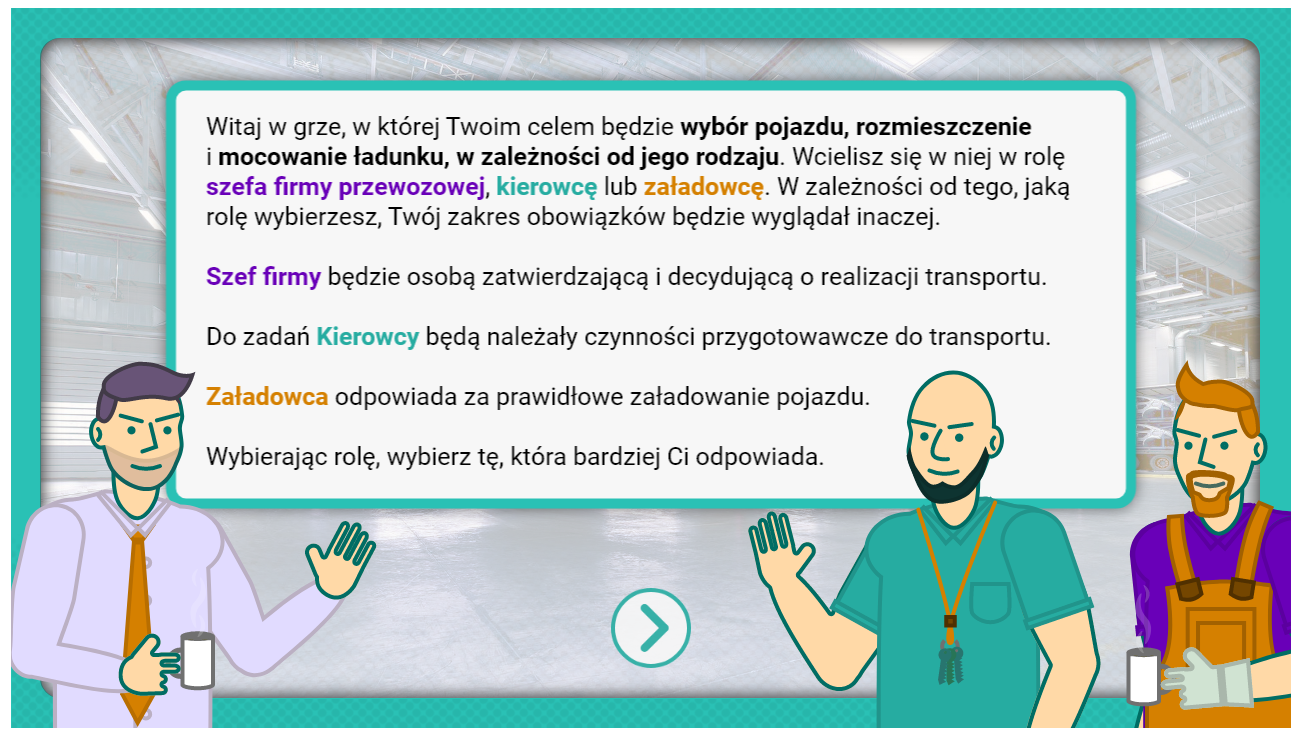 Plansza początkowa gry przedstawia tekst wprowadzający do gry oraz trzy postacie, w które można się w tej grze wcielić. Postać pierwsza to mężczyzna w koszuli i krawacie trzymający kubek kawy. Druga postać to mężczyzna w koszulce z identyfikatorem zawieszonym na szyi. Trzecie postać to mężczyzna w pomarańczowych ogrodniczkach, koszulce i rękawiczkach. Trzyma on kubek kawy.