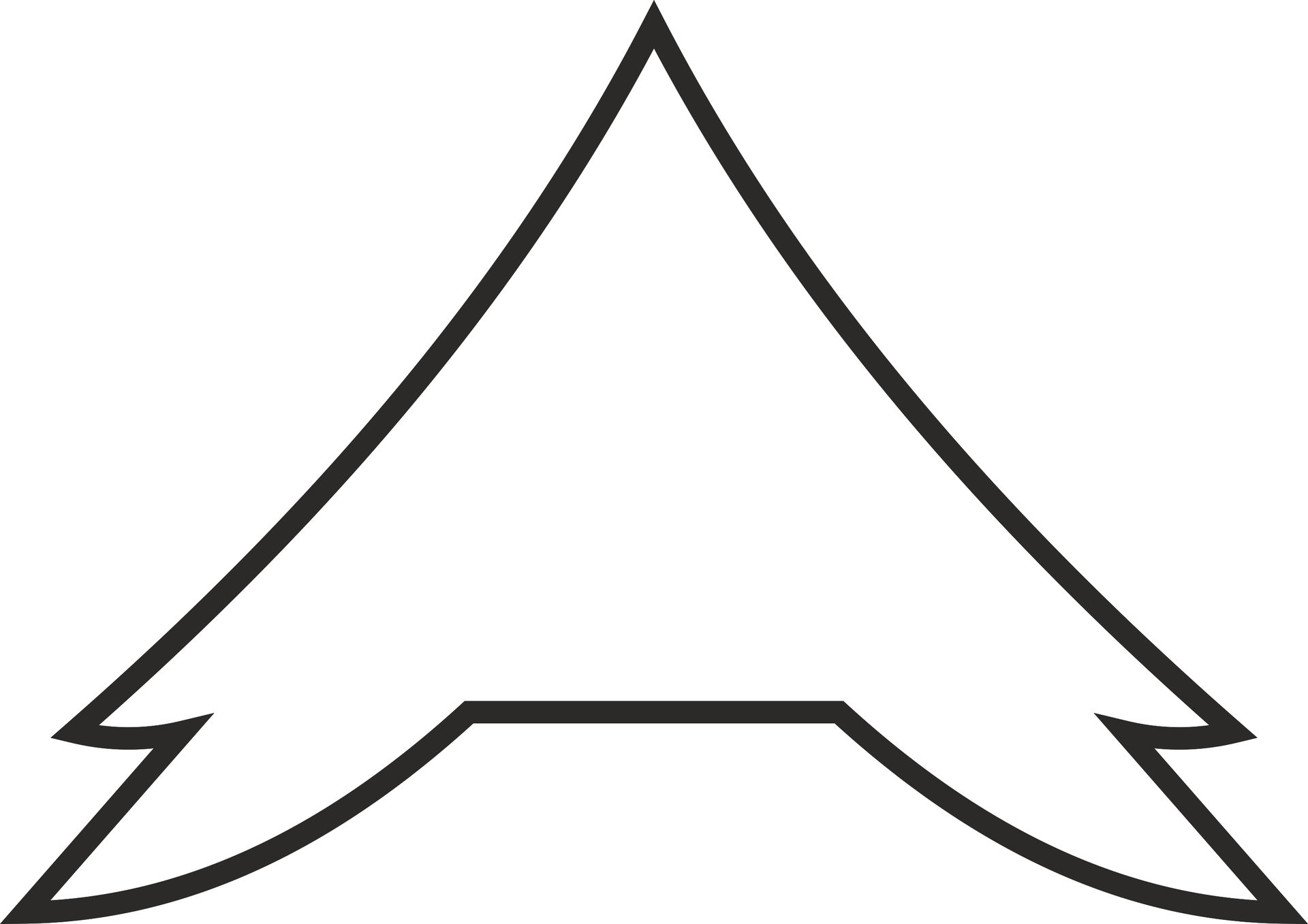 Ilustracja grafiki wektorowej przedstawia obraz utworzony z czarnej linii. Kształt utworzono z linii idącej po obrysie trójkąto równobocznego, gdzie przy dolnych rogach zakręca pod delikarnym kątem ku górze. Następnie odbijają ku dolnym rogom obrazu, tuż przed osiągnięciem tych rogów, powracają do wewnątrz trójkąta po delikatnym łuku. Dochodząc do poziomu, z którego wcześniej wyszły, łączą się tworząc prostą poziomą linię.