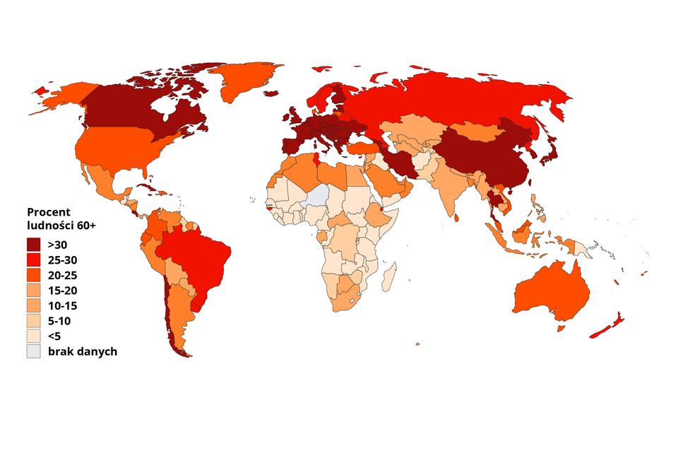 Mapa przedstawia prognozę udziału ludności w wieku powyżej 65 lat w poszczególnych krajach świata w 2050 roku (% całej populacji). Większy niż 30% będzie on na obszarach: Kanady, Europy, Chin, Iranu. Od 25 do 30% będzie on na obszarach: USA, większości Ameryki Południowej, Rosji. Najmniejszy (0‑10%) będzie w krajach środkowej i południowej Afryki, dalekiego Wschodu.
