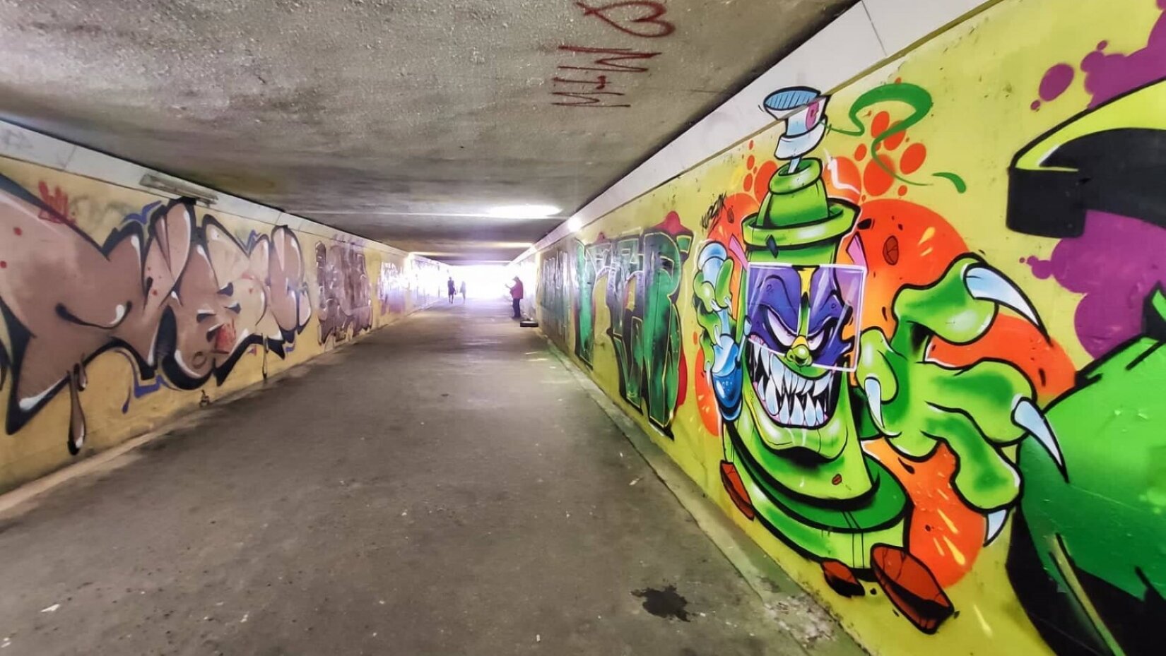 Zdjęcie przedstawia przejście podziemne - długi korytarz, na ścianach którego namalowano graffiti. Na ścianie z prawej strony znajduje się namalowana zielona puszka farby w spreju, z oczami, ostrymi zębami i długimi pazurami. Dalej znajdują się namalowane napisy. Na ścianie z lewej strony znajduje się brązowy napis o grubych literach.