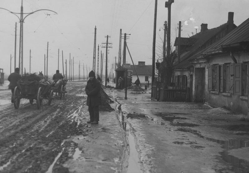 Czarno‑białe zdjęcie przedstawia drogę gruntową na wsi w przedwojennej Polsce. Drogą poruszają się drewniane wozy konne, a po prawej stronie drogi znajdują się domy mieszkalne. Na pierwszym planie znajduje się dom parterowy, którego okna są zabite deskami; dalej znajduje się wyższy, piętrowy dom zbudowany z drewna. Przy drodze na pierwszym planie znajduje się mężczyzna ubrany w czapkę, ciepły płaszcz i długie spodnie. Przy drodze w pewnej odległości ustawione są drewniane słupy elektryczne.