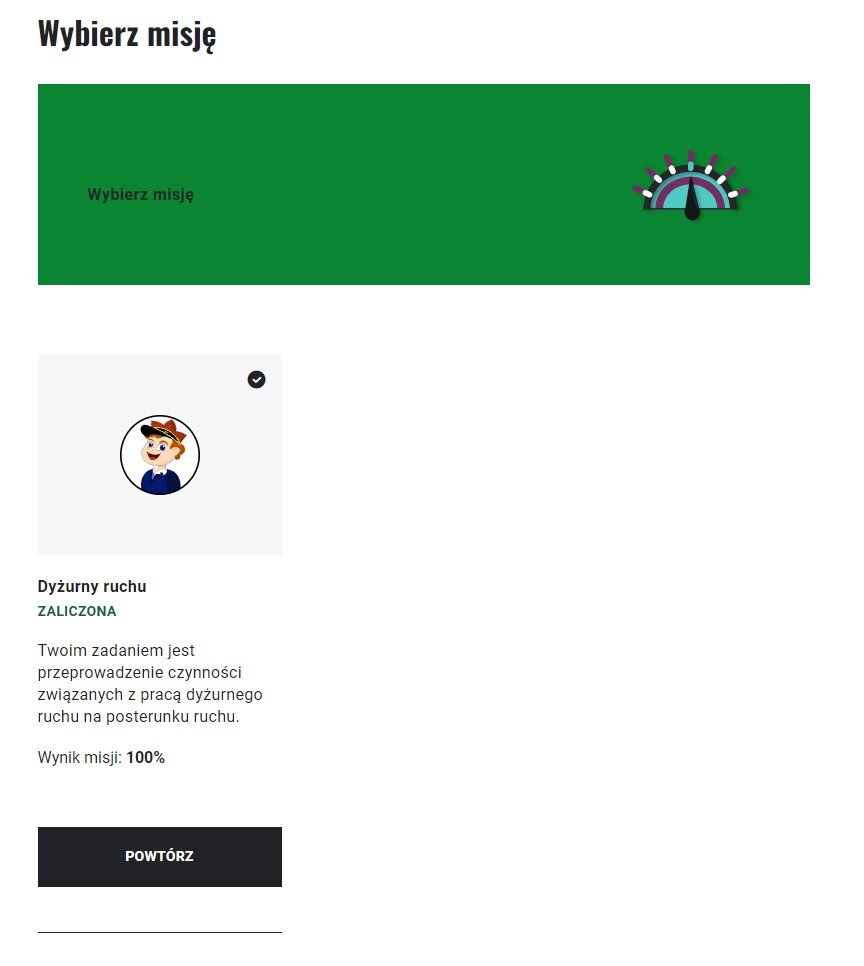 Ekran wyboru misji z ukończoną misją