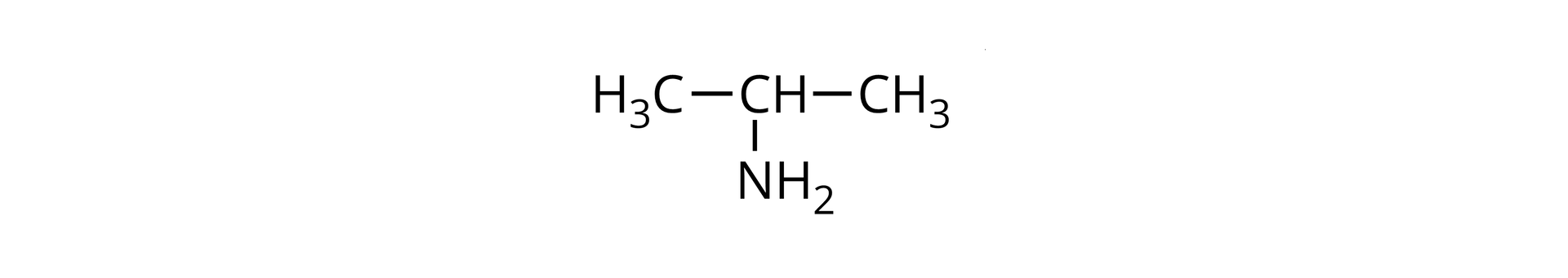 Ilustracja przedstawia wzór cząsteczki propano-2-aminy. Jest ona zbudowana z grupy CH połączonej za pomocą wiązań pojedynczych z dwiema grupami metylowymi CH3 oraz z grupą aminową NH2.