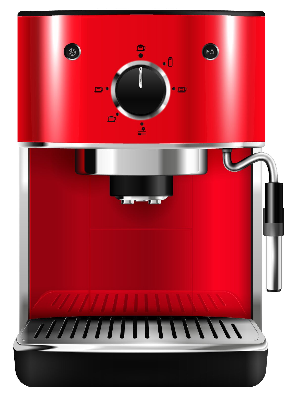 Ilustracja przedstawiająca czerwony ekspres do kawy. Pokrętła oraz przyciski są koloru czarnego.