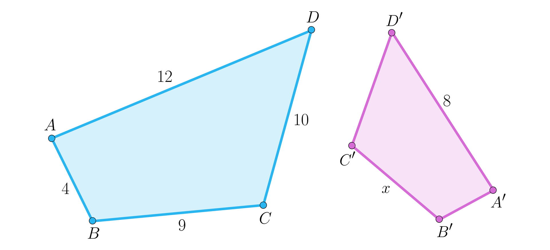 Ilustracja przedstawia dwa czworokąty. Pierwszy A B C D w którym odcinek A B ma długość  cztery, odcinek B C ma długość dziewięć, odcinek C D ma długość  dziesięć oraz odcinek D A ma długość dwanaście. Drugi czworokąt A prim B prim C prim D prim, odcinek A prim D prim ma długość  osiem i jest to  najdłuższy bok w figurze. Odcinek B prim C prim ma długość x. 