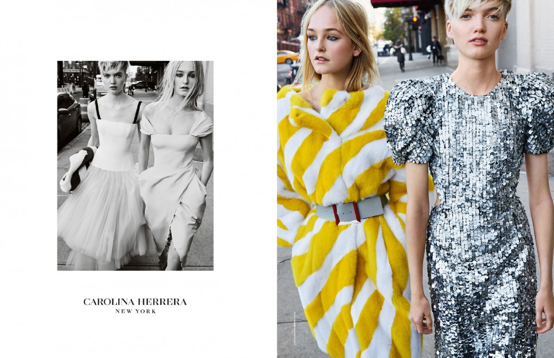 Ilustracja przedstawia fotografię Mario Testino przedstawiającą modelki - Ruth Bell i Jean Campbell w sesji dla Carolina Herrera New York. Ilustracja składa się z dwóch zdjęć, na których dwie modelki prezentują fantazyjne sukienki. Zdjęcie z lewej strony jest mniejsze, czarno – białe, zdjęcie z prawej, większe i kolorowe. Na mniejszym zdjęciu modelki ubrane są w białe, o długości do kolan sukienki. Sukienka Ruth Bell ma prosty gorset i tiulowy dół. Sukienka Jean Campbell ma duży dekolt i trapezowy dół. Na zdjęciu z prawej strony Jean Campbell ma futro w biało – żółte pasy, przepasane paskiem. Ruth Bell ubrana jest w srebrną, błyszczącą sukienkę z bufiastymi, krótkimi rękawami.