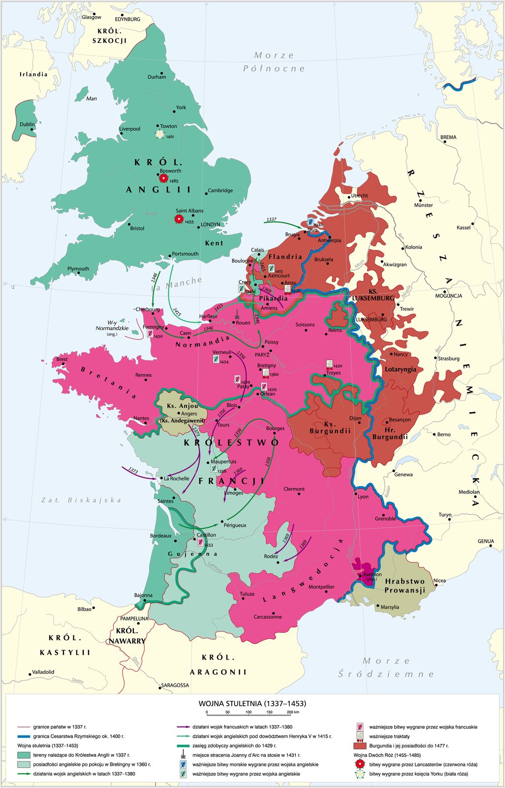 Grafika mapy przedstawiającej wojnę stuletnią.