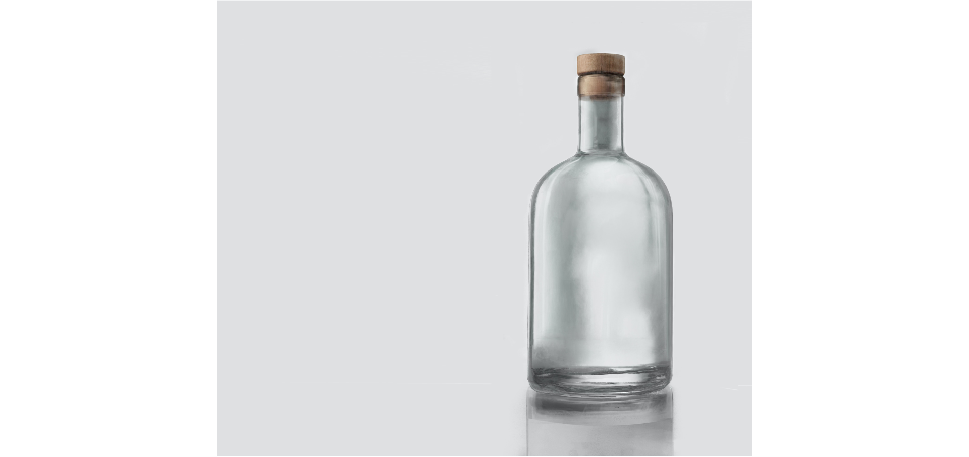 Ilustracja przedstawia szklaną butelkę z przezroczystego szkła, zatkaną drewnianym korkiem. 