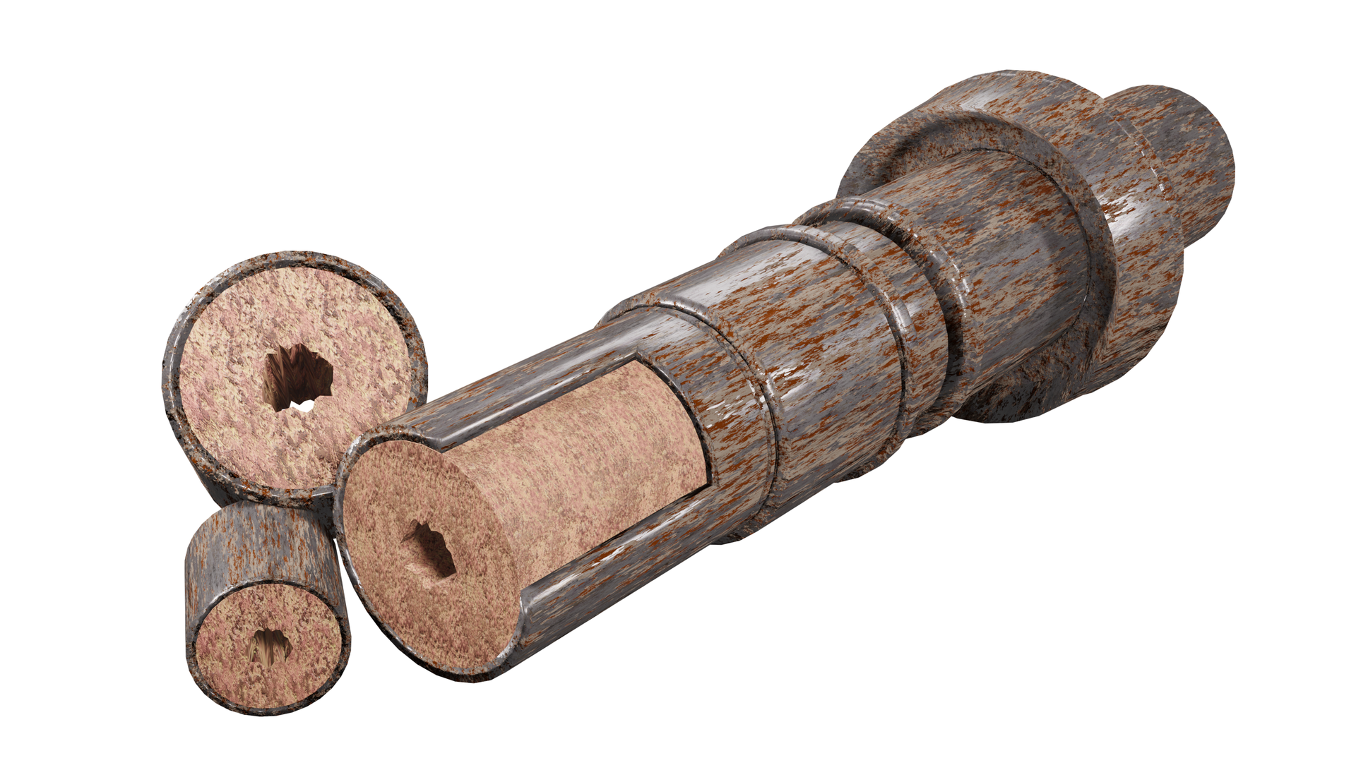 Zdjęcie przedstawiające fragment metalowego cylindrycznego przedmiotu pokrytego osadem.