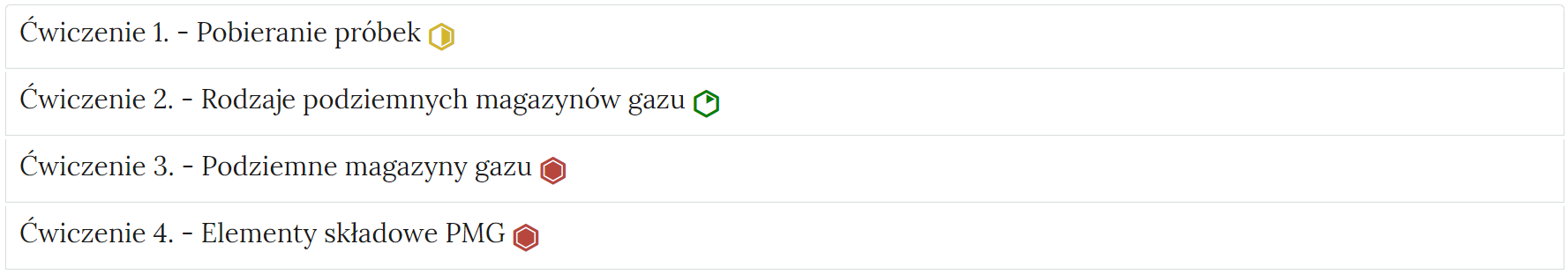 Zdjęcie przedstawia przykładowy wygląd zakładek zawierających interaktywne materiały sprawdzające. Składają się one z prostokątnych paneli umieszczonych jeden pod drugim. Każdy panel posiada numer oraz tytuł, który nawiązuje do zawartego w nim zadania.