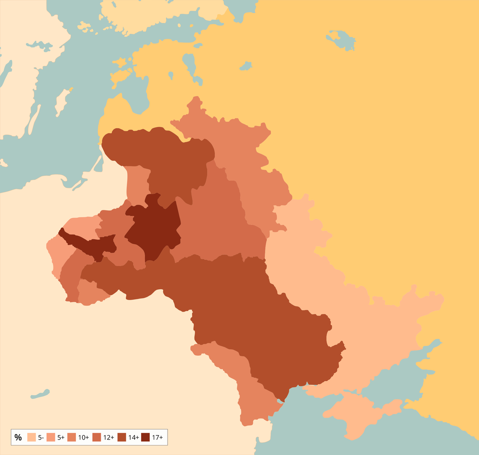 Ilustracja przedstawia mapę Europy Wschodniej. Prezentuje procentowy udział ludności żydowskiej w zachodnich guberniach Cesarstwa Rosyjskiego. Jest to obszar rozciągający się od Morza Czarnego na południu do okolic brzegu Morza Bałtyckiego na północy. Więcej niż 17 procent ludności żydowskiej znajduje się w środkowo‑zachodniej części obszaru. Od 14 do 17 procent ludności żydowskiej znajduje się w środkowej, południowej i północnej części obszaru. Jest to jednocześnie większość zaznaczonego terenu. Od 12 do 14 procent ludności żydowskiej znajduje się w środkowej i zachodniej części obszaru. Od 10 do 12 procent ludności żydowskiej znajduje się  w południowo‑zachodniej, północno‑wschodniej i zachodniej części obszaru. Od 5 do 10 procent ludności żydowskiej znajduje się w zachodniej części obszaru. Mniej niż 5 procent ludności żydowskiej znajduje się we wschodniej i południowej części obszaru.