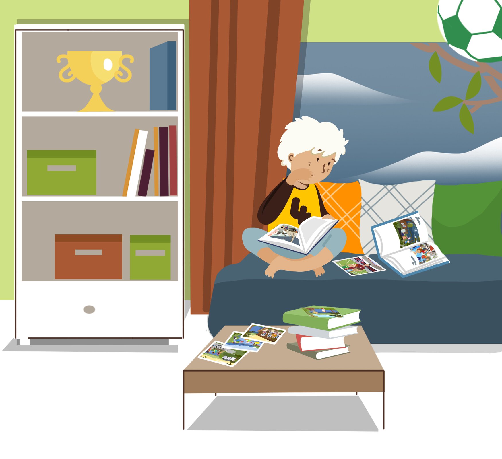 Ilustracja przedstawia chłopca oglądającego zdjęcia w albumach. Jeden z albumów trzyma na kolanach, drugi leży na kanapie obok niego, pozostałe na stoliku obok kanapy. 