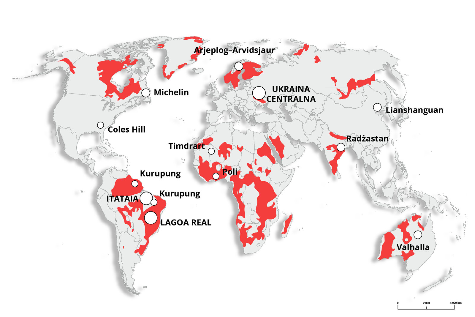 Na mapie świata zaznaczono występowanie złóż uranu. Znaczna część Afryki środkowej i południowej, Skandynawia, Indie, północna, południowa i zachodnia Australia, południowo‑wschodnia Rosja, północna Rosja, Ukraina, zachodnia część Półwyspu Arabskiego, wschodnia Kanada, wschodnia Alaska, znaczna część północnej, środkowej i wschodniej Ameryki Południowej, obszary dookoła Grenlandii. Zaznaczono następujące miejsca: w Kanadzie Michelin, w USA na południowym wschodzie Coles Hill, w Ameryce Południowej: Kurupung, Lagoa Real, Itataia. W Afryce na zachodzie Timdrart, Poli. Na północy Skandynawii Arjeplog‑Arvidsjaur; Ukrainę Centralną; w Indiach Radżastan; na północnym wschodzie Chin Lianshanguan; w Australii Valhalla.