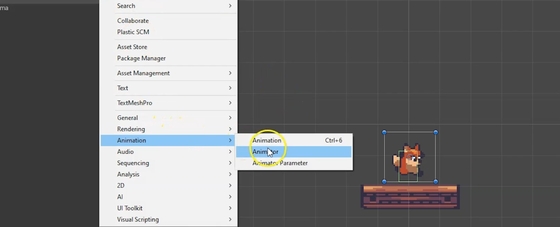 Zrzut ekranu przedstawia grafikę lisa w programie Unity. Jest ona zaznaczona. Obok znajduje się menu kontekstowe, z którego wybrano Animation, a następnie wybrano Animator.