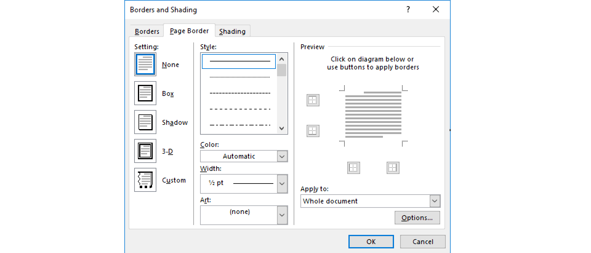 Zrzut z ekranu przedstawia formatkę Border and Shading z aktywną kartą Page Border. Można ustawić tutaj Setting (none, box, shadow, 3-d, custom) oraz Style, Color, Width, Art lub skorzystać z Preview. Można zastosować zmiany korzystając z Apply to. Skorzystać z Options. Na dole formatki dwa przyciski: OK i Cancel.