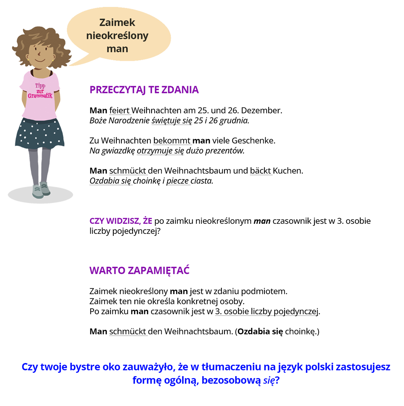 Ilustracja zawiera poradę językową.
Grafika przedstawia dziewczynkę ubraną w różową bluzkę z napisem Tipp zur Grammatik oraz w szarą spódniczkę w grochy.
Dziewczynka mówi: Zaimek nieokreślony man.
Pozostałą część ilustracji stanowi tekst, którego treść wyświetla się w trybie dostępności.