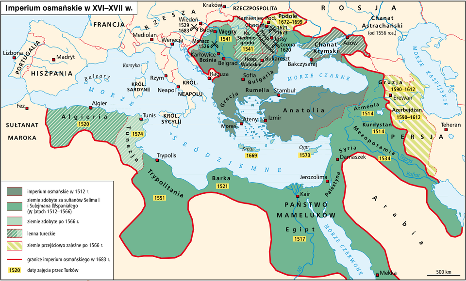 Mapa przedstawia Imperium osmańskie w 16 i 17 wieku. Na mapie zaznaczono imperium osmańskie w 1512 roku, które wtedy obejmowało jedynie tereny dzisiejszej Turcji ze Stambułem i Izmirem oraz dzisiejszą Grecję z Atenami (wyspy greckie, Peloponez, Grecje kontynentalną), Bułgarię (Sofia), Rumunię, fragment Bośni i Serbii (Belgrad). W latach 1512‑1566 rozpoczęła się ekspansja i Imperium osmańskie poszerzyło się o ziemie zdobyte przez sułtanów Selima i Sulejmana Wspaniałego. Należały do nich tereny na wschód i południowy wschód od Turcji, czyli Armenia, Kurdystan, Mezopotamia, Syria z miastem Damaszek, Palestyna z Jerozolimą, Państwo Mameluków i Egipt z Kairem i Mekką, Trypolitania z Trypolisem oraz Węgry z miastem Buda. Kolejne ziemie zdobyte po 1566 roku to Tunezja z Tunisem. Lenna tureckie stanowiło Księstwo Siedmiogrodu, Hospodarstwo Wołoskie, Hospodarstwo Mołdawskie, Chanat Krymski, Algieria. Do ziem przejściowo zależnych po 1566 roku należały Gruzja, Azerbejdżan i Persja. W 1683 roku granice imperium osmańskiego obejmowały północną Afrykę, wraz z terenem wokół Morza Czerwonego, Mezopotamię z ujściami Tygrysu i Eufratu, wschodnie i północne wybrzeże Morza Czarnego, a na zachodzie granice dochodziły do wschodniego brzegu Morza Śródziemnego. 