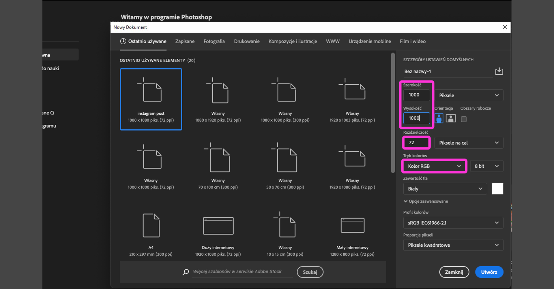 Ilustracja przedstawia okno o nazwie Nowy Dokument w programie Photoshop. Z ostatnio używanych elementów wybrano: instagram post. Po prawej stronie jest panel dotyczący szczegółów ustawień domyślnych. Tu zaznaczono szerokość 1000, wysokość 1000 pikseli, rozdzielczość 72 piksele na cal, tryb kolorów - kolor RGB 8 bit. Zastosowano przycisk: Utwórz.