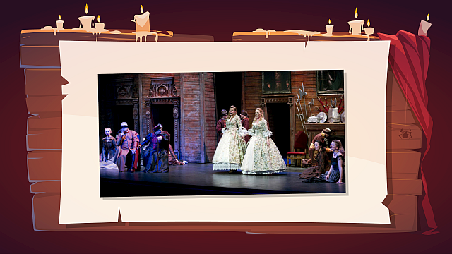 Ilustracja przedstawia scenę z przedstawienia teatralnego lub operowego. Widać na niej grupę aktorów w bogatych, historycznych strojach. Po lewej stronie siedzą dwie postacie, jedna z nich w czerwonym płaszczu i kapeluszu. W centrum dwie kobiety stoją w eleganckich, kwiecistych sukniach z szerokimi spódnicami, gestykulując. Po prawej stronie, na pierwszym planie, siedzą dwie inne postaci, a w tle widać elementy scenografii – ceglane ściany, łuki, obrazy na ścianach.