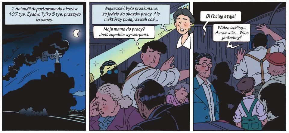 Ilustracja podzielona na trzy części. część pierwsza: noc, sylwetka nadjeżdżającej lokomotywy ciągnącej wagony, napis nad ilustracją: Z Holandii deportowano do obozów107 tys. Żydów. Tylko 5 tys. przeżyło obozy." Część druga ilustracji: wnętrze wagonu towarowego, ludzie w różnym wieku, w dymku myśl młodego człowieka patrzącego na zmęczoną, starszą kobietę: "Moja mama do pracy? Jest zupełnie wyczerpana". napis - komentarz narratorki: " Większość było przekonana, że jedzie do pracy, ale niektórzy podejrzewali coś...". Część trzecia ilustracji: wnętrze wagonu towarowego, postacie w różnym wieku, w dymkach dialogi "O! Pociąg staje", "Widzę tablicę ... Auschwitz... , więc jesteśmy."