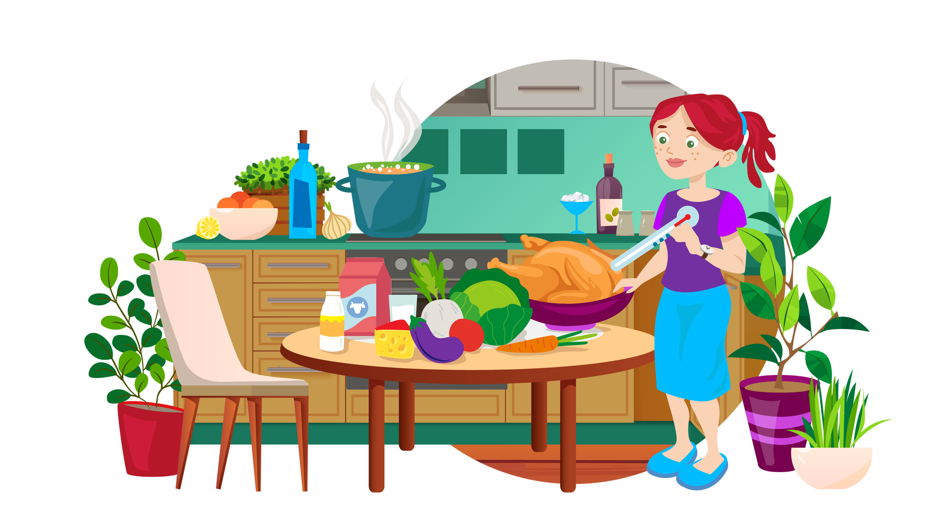 Ilustracja przedstawia kuchnię. W tle widać zieloną ścianę i rząd brązowych szafek kuchennych. Na ciemnozielonym blacie znajdują się: połowa cytryny, beżowa miska wypełniona mandarynkami, zielona roślina w brązowej skrzynce, niebieska szklana butelka z korkiem i cebula. Obok jest kuchenka, a na niej stoi ciemnoniebieski garnek, w którym gotuje się zupa. Dalej na prawo stoi niebieski kieliszek, fioletowa butelka oliwy z brązowym korkiem, solniczka i pieprzniczka. Powyżej wisi rząd szarych szafek z okapem. Po lewej stronie ilustracji stoi zielona roślina w czerwonej donicy. Kolejne dwie zielone rośliny widać po prawej stronie ilustracji. Pierwsza jest w fioletowej donicy, a druga w beżowej. Na środku pomieszczenia stoi okrągły brązowy stół z beżowym krzesłem po lewej stronie. Na blacie stołu leżą różne produkty spożywcze. Są tam: biała butelka kefiru, czerwony karton mleka, kawałek żółtego sera w czerwonej folii, szklanka mleka, bakłażan, seler, pomidor, sałata, marchewka i cały upieczony kurczak w fioletowej misce. Po prawej stronie stołu stoi kobieta. Ma czerwone włosy związane w kitkę. Jest ubrana w fioletową bluzkę z krótkimi rękawami, niebieską spódnicę do kolan i niebieskie buty. W lewej dłoni trzyma termometr, który przykłada do upieczonego kurczaka.