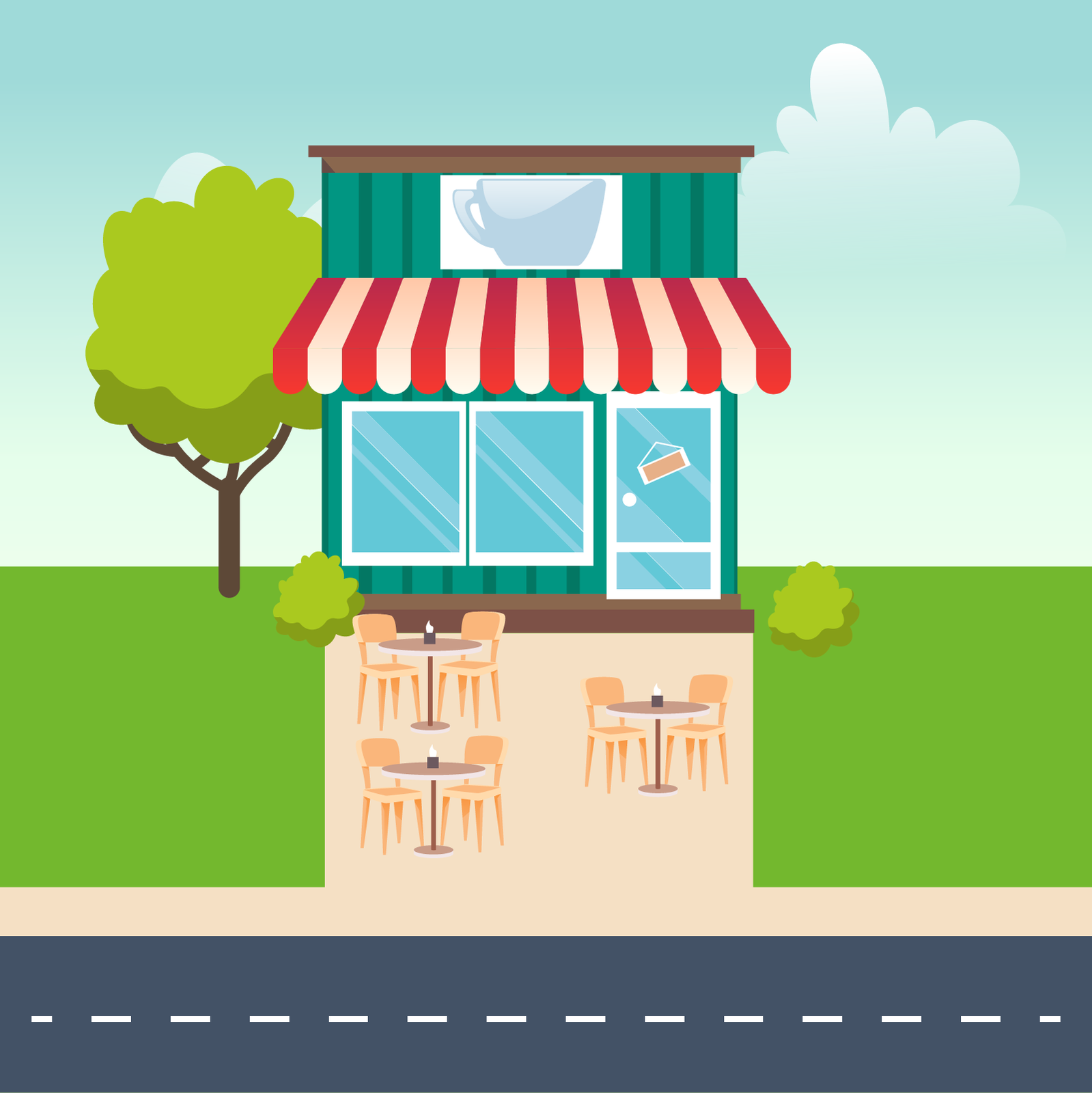 Ilustracja przedstawia kawiarnię. Ma ona płaski dach, pod którym znajduje się plakat z filiżanką. Nad wejściem i dwoma oknami, rozciągnięta jest markiza, w biało‑czerwone pasy. Na drzwiach, wisi karteczka. Przed kawiarnią, znajdują się trzy stoliki. Przy każdym stoliku, znajdują się dwa krzesła. Obok kawiarni, widać dwa krzaczki i drzewo. Przed kawiarnią, znajduje się droga.