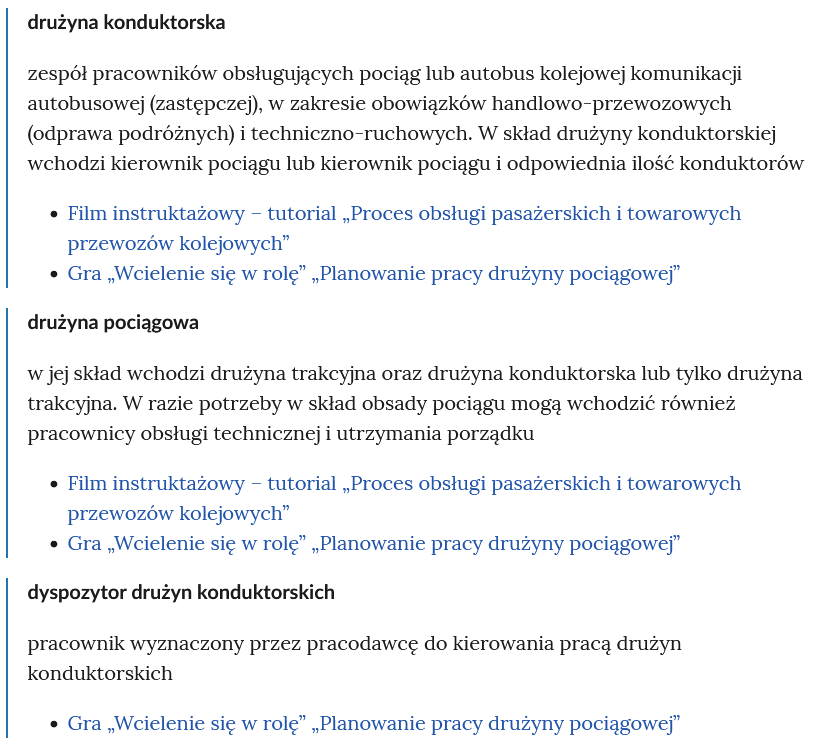 Zrzut ekranu przedstawia kilka pojęć ze Słownika. Konstrukcja jest następująca: pojęcie, poniżej jego wyjaśnienie, a pod nim znajduje się link, po którego kliknięciu użytkownik przenosi się do rozdziału w tym materiale, w którym dane pojęcie jest wykorzystywane. Linków może być jeden lub kilka, w zależności od tego, w ilu rozdziałach użyto pojęcia.