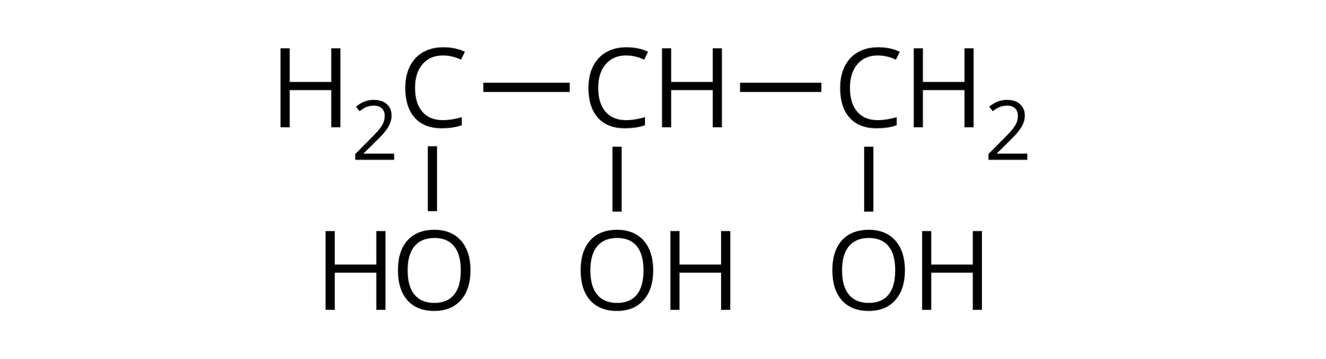Ilustracja przedstawia wzór półstrukturalny propano‑1,2,3‑triolu: grupa H2C wiązanie pojedyncze w dół do grupy OH oraz w prawo do grupy CH. Grupa CH łączy się w dół z grupą OH, a w prawo z grupą CH2. Ta łączy się w dół z grupą OH.