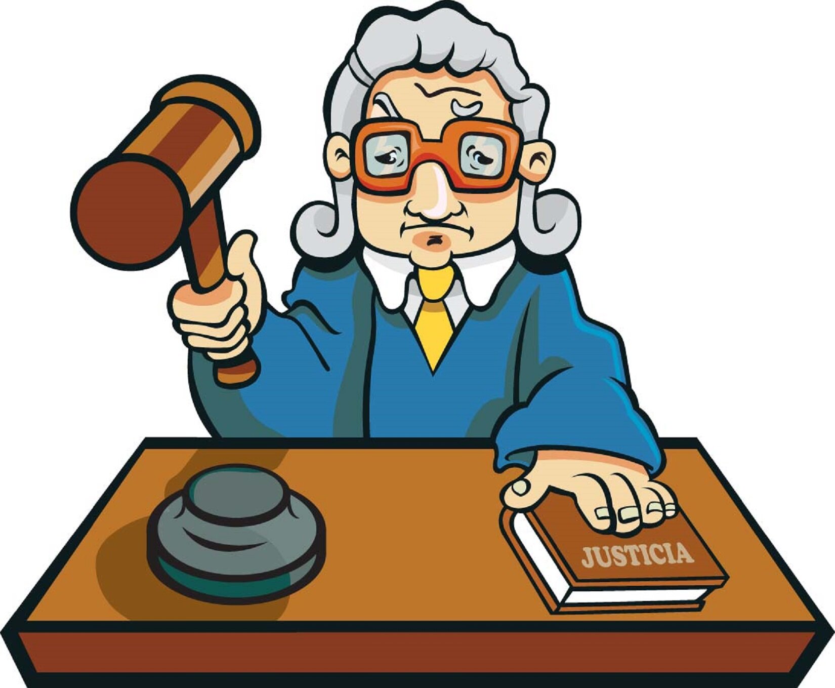 Ilustracja „Sędzia” przedstawia mężczyznę siedzącego za brązowym stołem. Ma siwe, kręcone włosy o średniej długości i siwe brwi. Ma grube, kwadratowe okulary w kolorze pomarańczowym. Ubrany jest w niebieską togę, pod którą ma białą koszulę z kołnierzem i żółty krawat. Prawą rękę ma podniesioną do góry i trzyma w niej brązowy, drewniany młotek. Lewą rękę trzyma na brązowej książce z napisem „Justicia”, która leży na stole. Na stole leży również czarny, okrągły przedmiot. Tło ilustracji jest białe. 