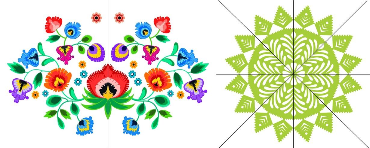 Ilustracja przedstawia dwie fotografie wycinanek ludowych. Z lewej znajduje się wycinanka wzoru motywu kwiatowego. Motyw przedstawia wycinankę z różnobarwnymi kwiatami i liśćmi o symetrycznym układzie. Dodatkowo na ilustracji zamieszczono pionową cienką linię – oś symetrii. Na ilustracji z prawej znajduje się wzór w kolorze jasnozielonym w kształcie koła. Jest on wycinanką o symetrii wieloosiowej i przypomina kwiat otoczony liśćmi. Dodatkowo na ilustracji zamieszczono cztery przecinające się w środku linie, będące osiami symetrii.