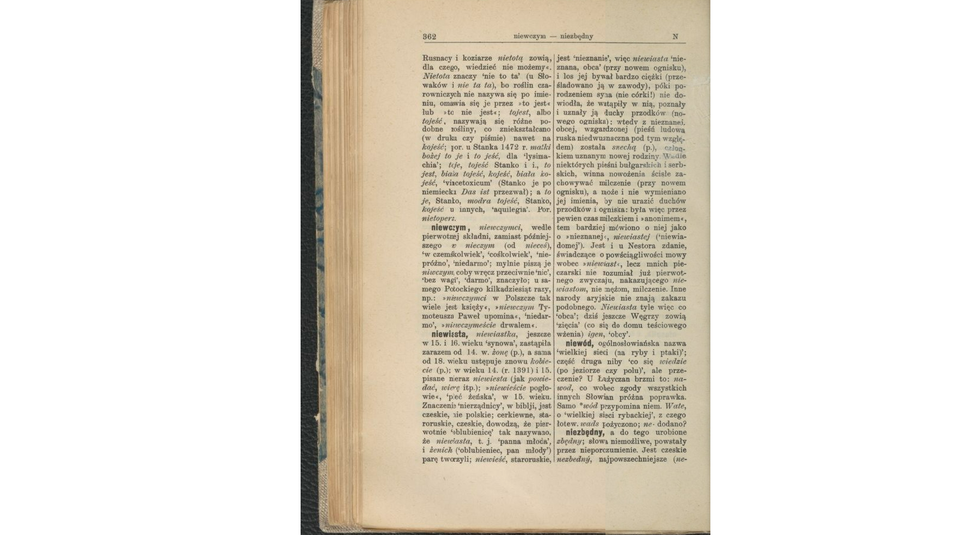 Skan strony słownika. Strona 362. Znajdują się na niej hasła na literę n, m.in. Niewiasta. Treść hasła: niewiasta, niewiastka, jeszcze w 15. i 16. wieku ‘synowa’, zastąpiła zarazem od 14. w. żonę (p.), a sama od 18. wieku ustępuje znowu kobiecie (p.); w wieku 14. (r. 1391) i 15. pisane nieraz niewiesta (jak powiedać, wierę itp.); »niewieście pogłowie«, ‘płeć żeńska’, w 15. wieku. Znaczenie ‘nierządnicy’, w biblji, jest czeskie, nie polskie; cerkiewne, staroruskie, czeskie, dowodzą, że pierwotnie ‘oblubienicę’ tak nazywano, że niewiasta, t. j. ‘panna młoda’, i żenich (‘oblubieniec, pan młody’) parę tworzyli; niewieść, staroruskie, jest ‘nieznanie’, więc niewiasta ‘nieznana, obca’ (przy nowem ognisku), i los jej bywał bardzo ciężki (prześladowano ją w zawody), póki porodzeniem syna (nie córki!) nie dowiodła, że wstąpiły w nią, poznały i uznały ją duchy przodków (nowego ogniska); wtedy z nieznanej, obcej, wzgardzonej (pieśń ludowa ruska niedwuznaczna pod tym względem) została snechą (p.), członkiem uznanym nowej rodziny. Wedle niektórych pieśni bułgarskich i serbskich, winna nowożenia ścisłe zachowywać milczenie (przy nowem ognisku), a może i nie wymieniano jej imienia, by nie urazić duchów przodków i ogniska: była więc przez pewien czas milczkiem i »anonimem«, tem bardziej mówiono o niej jako o »nieznanej«, niewiastej (‘niewiadomej’). Jest i u Nestora zdanie, świadczące o powściągliwości mowy wobec »niewiast«, lecz mnich pieczarski nie rozumiał już pierwotnego zwyczaju, nakazującego niewiastom, nie mężom, milczenie. Inne narody aryjskie nie znają zakazu podobnego. Niewiasta tyle więc co ‘obca’; dziś jeszcze Węgrzy zowią ‘zięcia’ (co się do domu teściowego wżenia) igen, ‘obcy’.