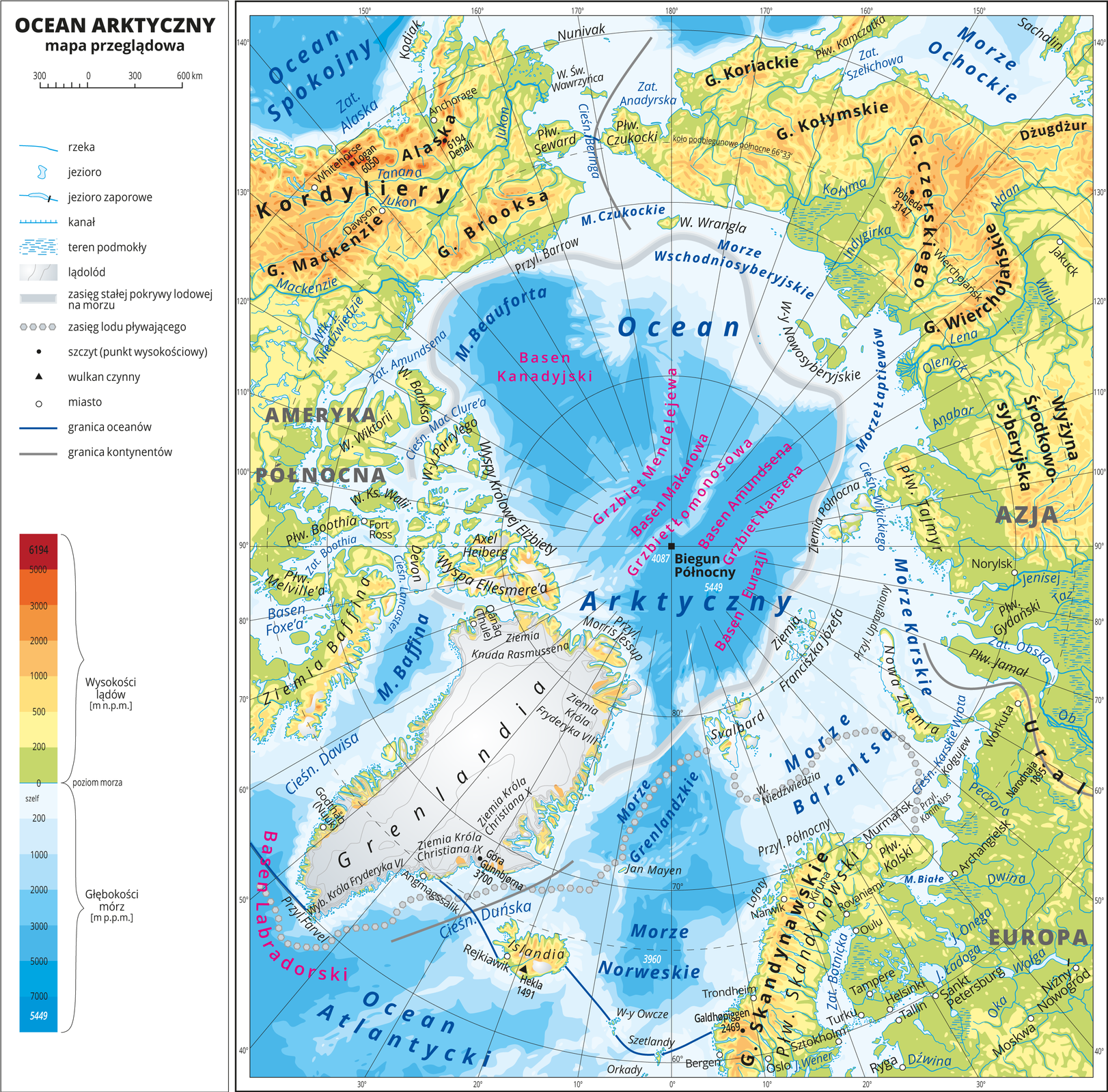 Ilustracja przedstawia mapę Oceanu Arktycznego. W obrębie lądów występują obszary w kolorze zielonym, żółtym, pomarańczowym i czerwonym. Morza zaznaczono sześcioma odcieniami koloru niebieskiego i opisano głębokości. Ciemniejszy kolor oznacza większą głębokość. W obrębie wód przeprowadzono granice między oceanami. Na mapie opisano nazwy kontynentów, wysp, głównych pasm górskich, morza i zatoki. Oznaczono i opisano największe miasta. Mapa pokryta jest równoleżnikami i południkami. Dookoła mapy w białej ramce opisano współrzędne geograficzne co dwadzieścia stopni. W legendzie umieszczono i opisano znaki użyte na mapie.