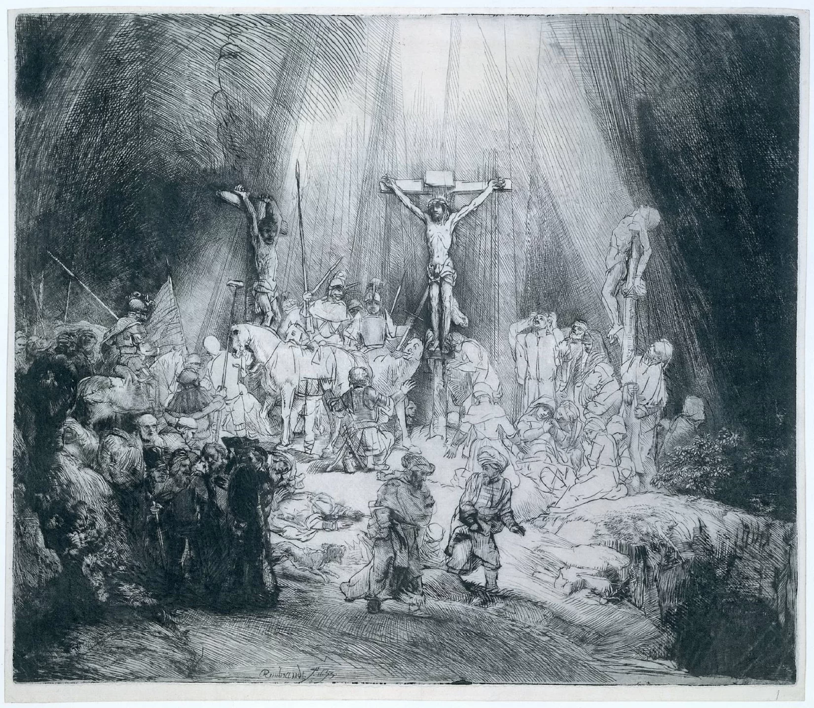 Ilustracja przedstawia Jezusa na krzyżu w centralnej części ilustracji, a po dwóch jego stronach - dwóch ukrzyżowanych ludzi. Praca jest wykonana z cienkich, długich kresek w czarnym kolorze o różnym zagęszczeniu. Z góry pada na Jezusa światło i oświetla środkową część pracy. Wokół ukrzyżowanych znajduje się duża grupa ludzi - po prawej modlących się i mężczyzna zakładający ręce na głowę, po lewej żołnierzy na koniach, z hełmami, tarczami i mieczami lub włóczniami. Z przodu idą ludzie odwróceni tyłem do sceny, zwróceni do siebie nawzajem. Scena ukrzyżowania odbywa się na wzniesieniu.